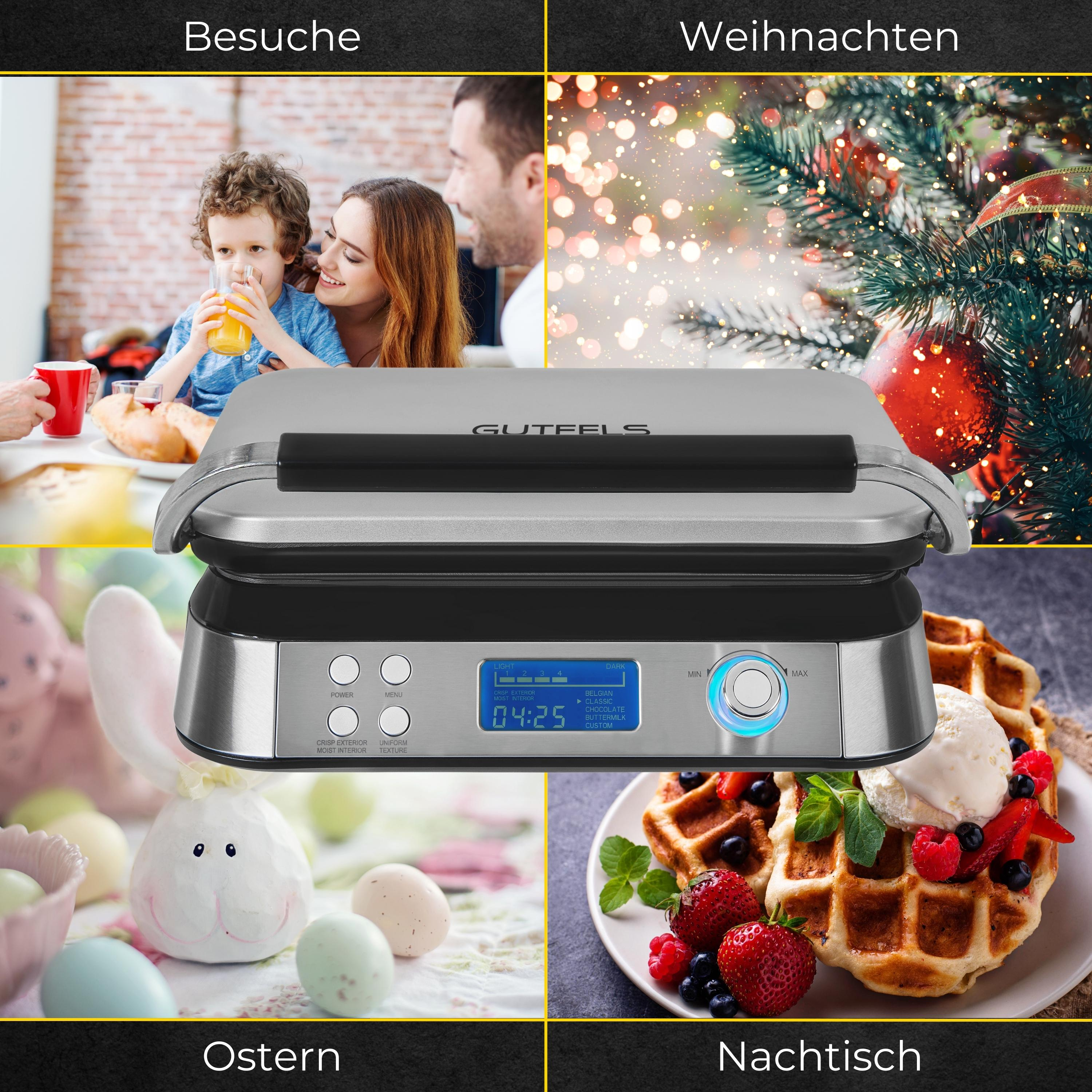 Ein Tischgrill mit Essen und Textbeschriftungen für verschiedene Anlässe. Vier Bildeinsätze.
