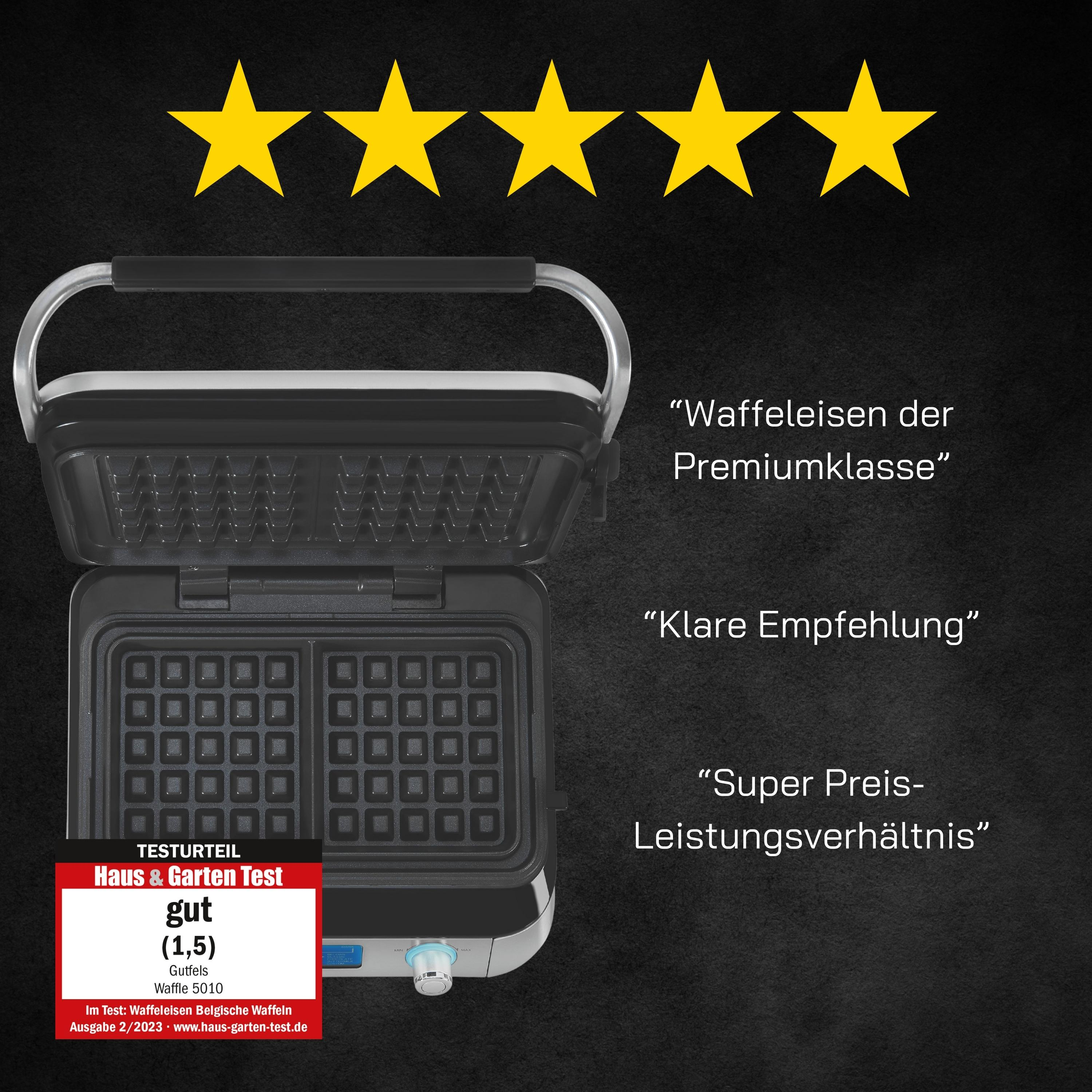 Ein Waffeleisen. Text auf dem Bild: 'Waffeleisen der Premiumklasse', 'Klare Empfehlung', 'Super Preis-Leistungsverhältnis'.