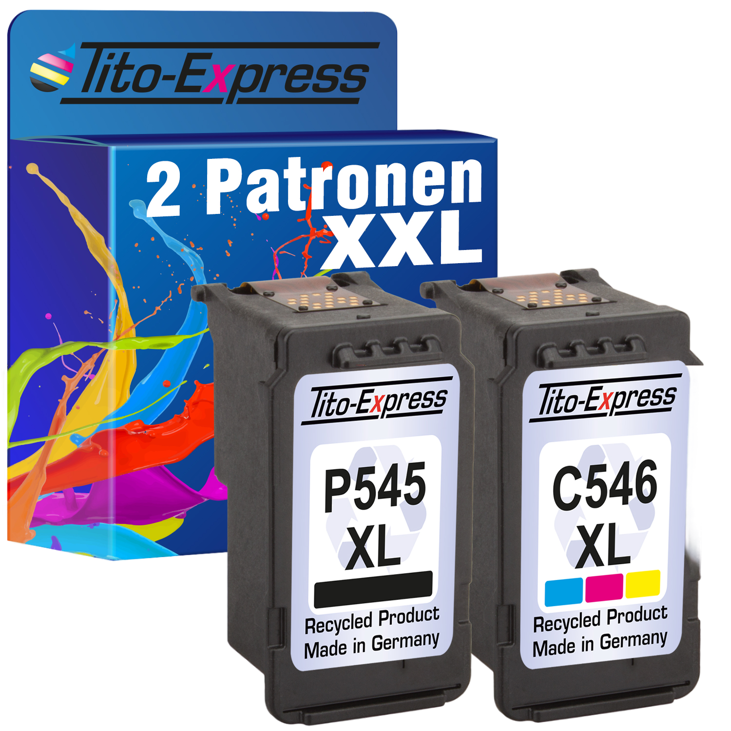 Zwei schwarze Tintenpatronen mit farbenfroher Tito-Express-Verpackung. Text: "2 Patronen XXL".