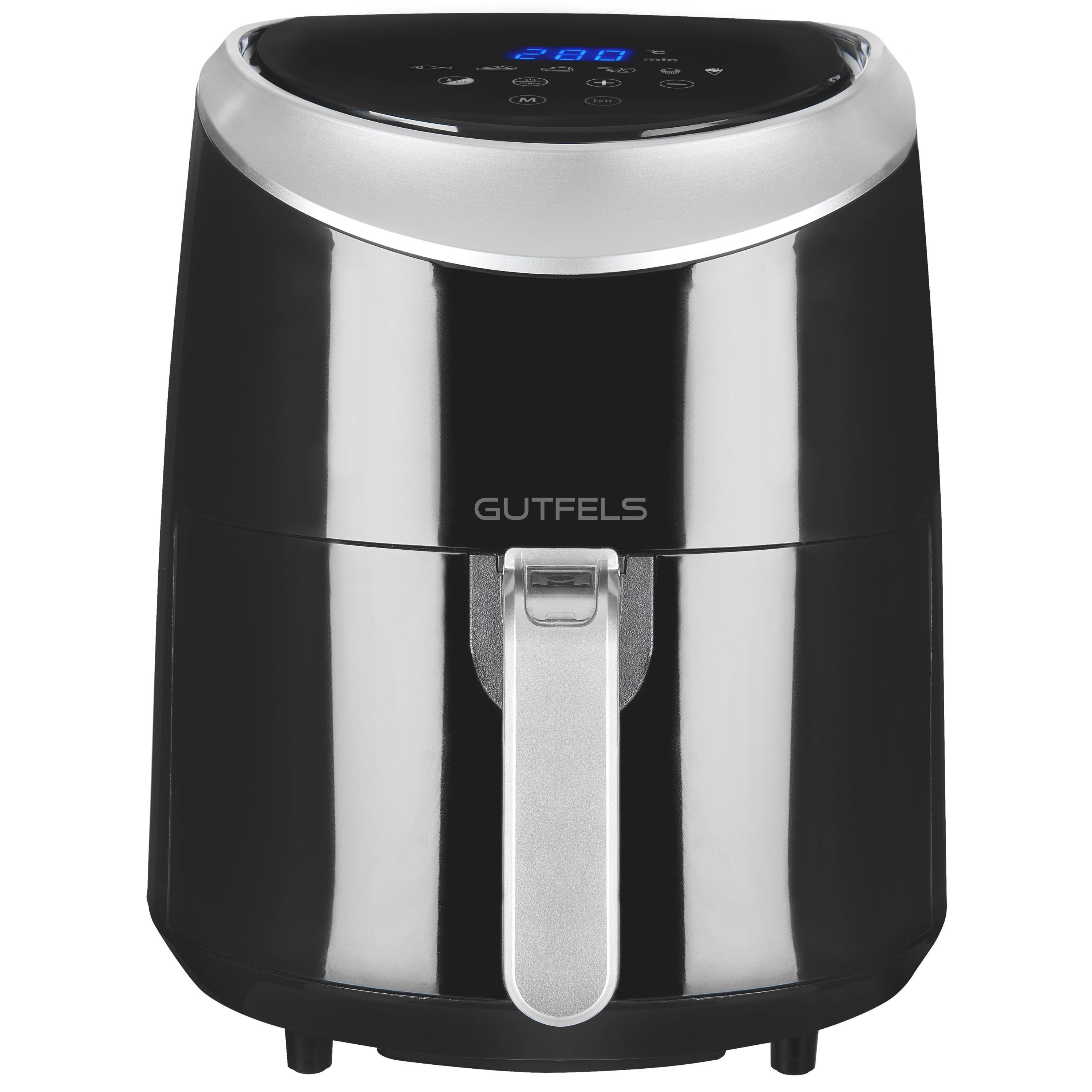 Schwarze Heißluftfritteuse mit silbernem Griff und digitaler Anzeige. Weißer Hintergrund.