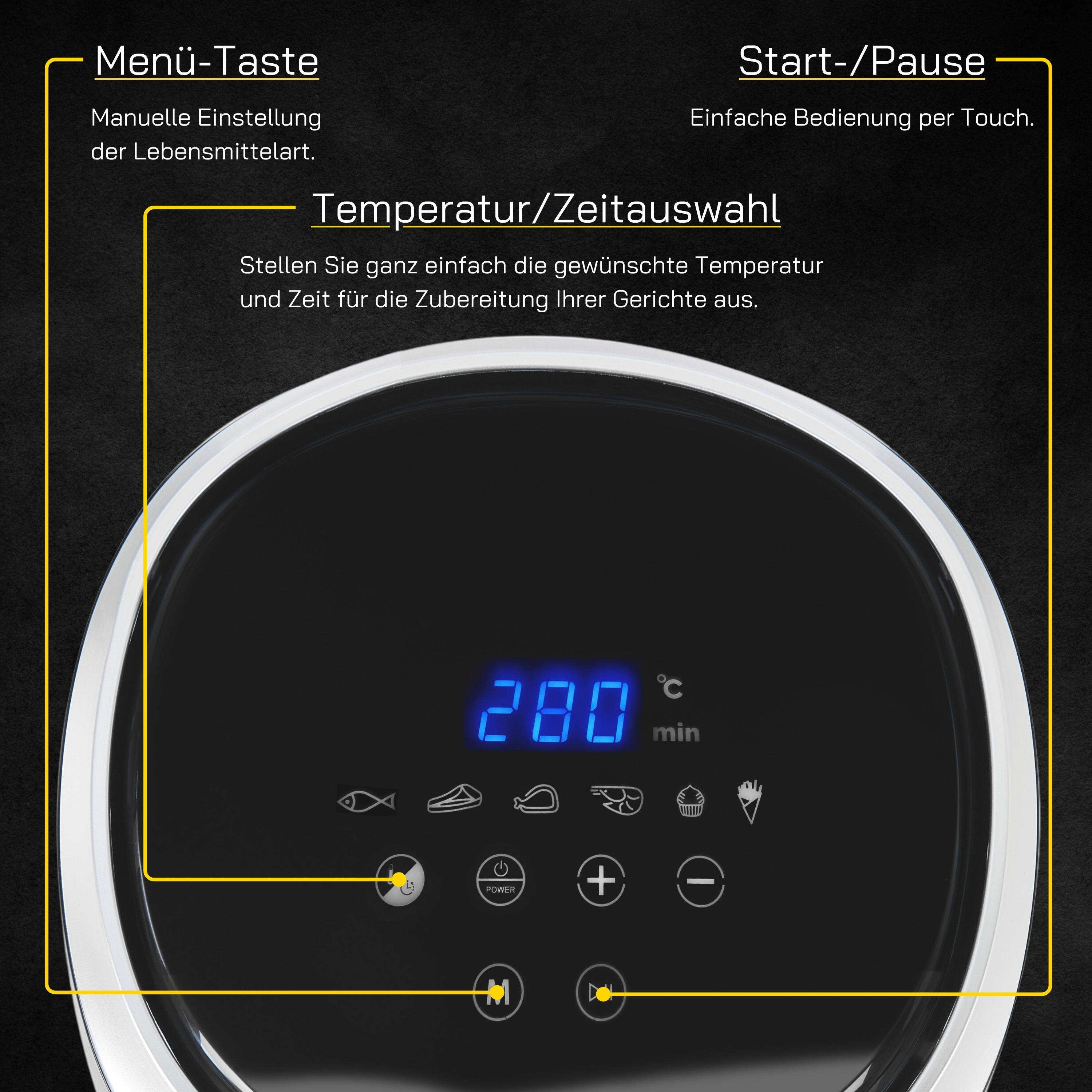 Nahaufnahme eines schwarzen Heißluftfritteusen-Bedienfelds mit Einstellungen und digitaler Anzeige.