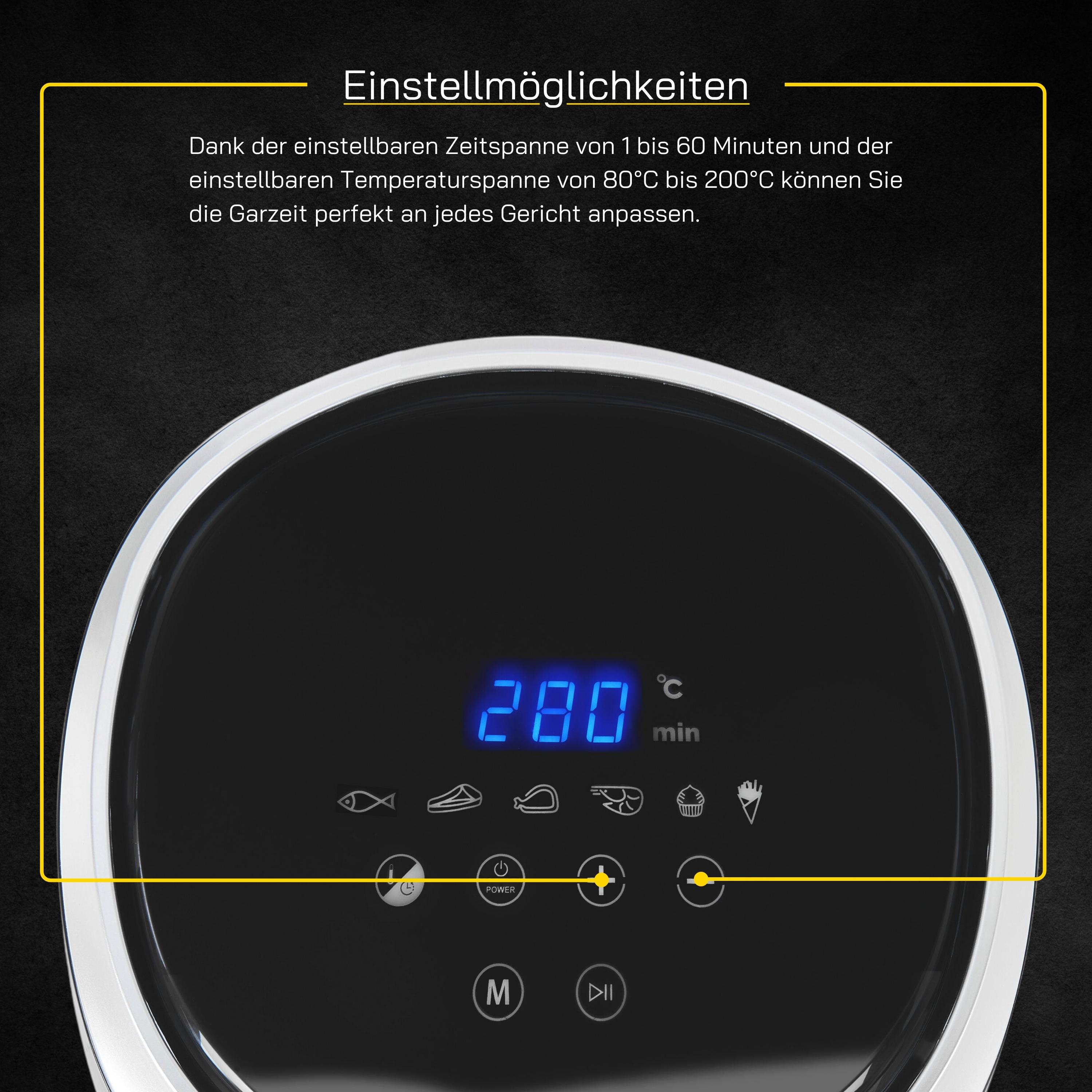 Schwarzes Bedienfeld der Heißluftfritteuse mit Digitalanzeige von 280 Grad Celsius und Symbolen für Lebensmittel.
