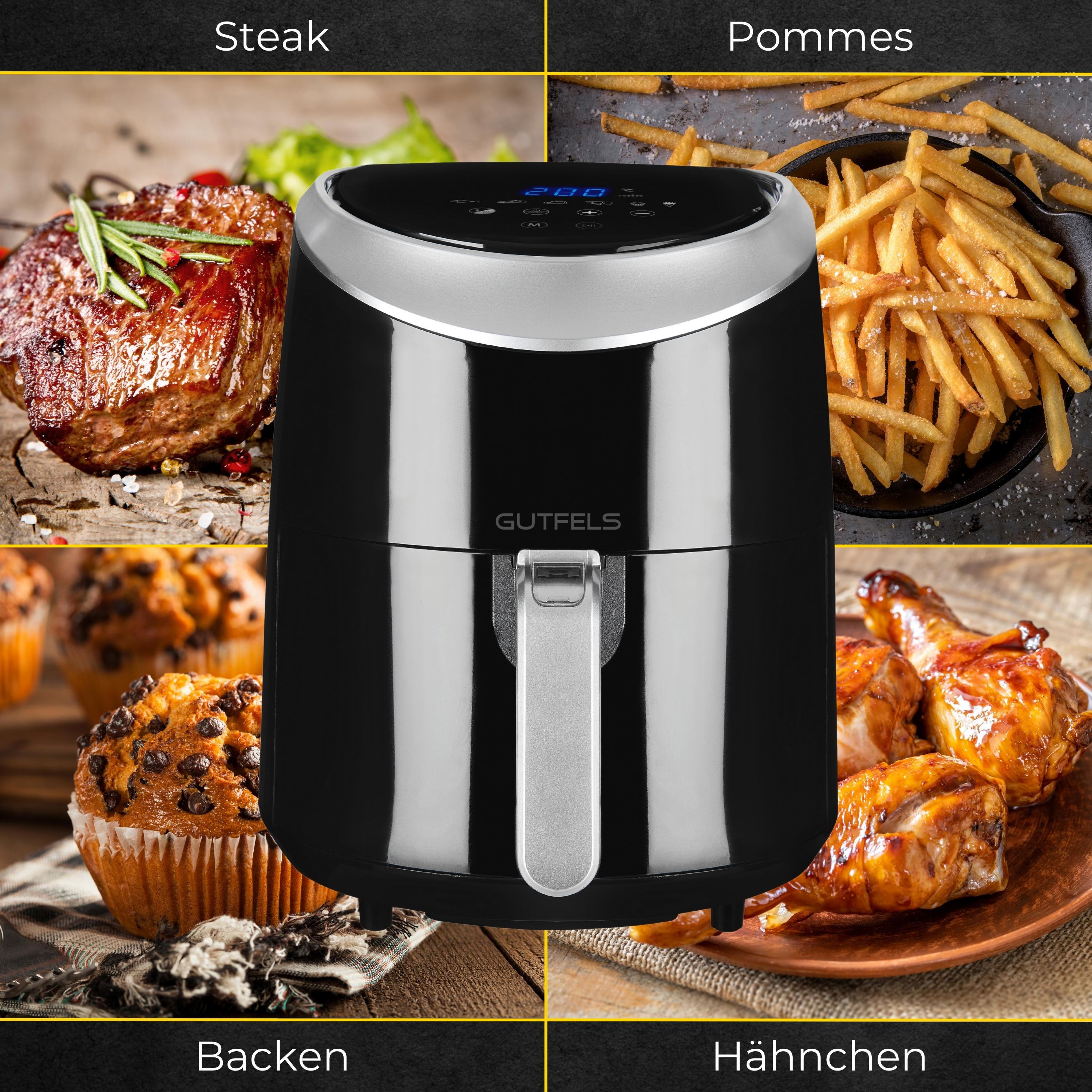 Schwarze Heißluftfritteuse mit Bildern von Steak, Pommes, Muffins und Hähnchen. Die Fritteuse in der Mitte.