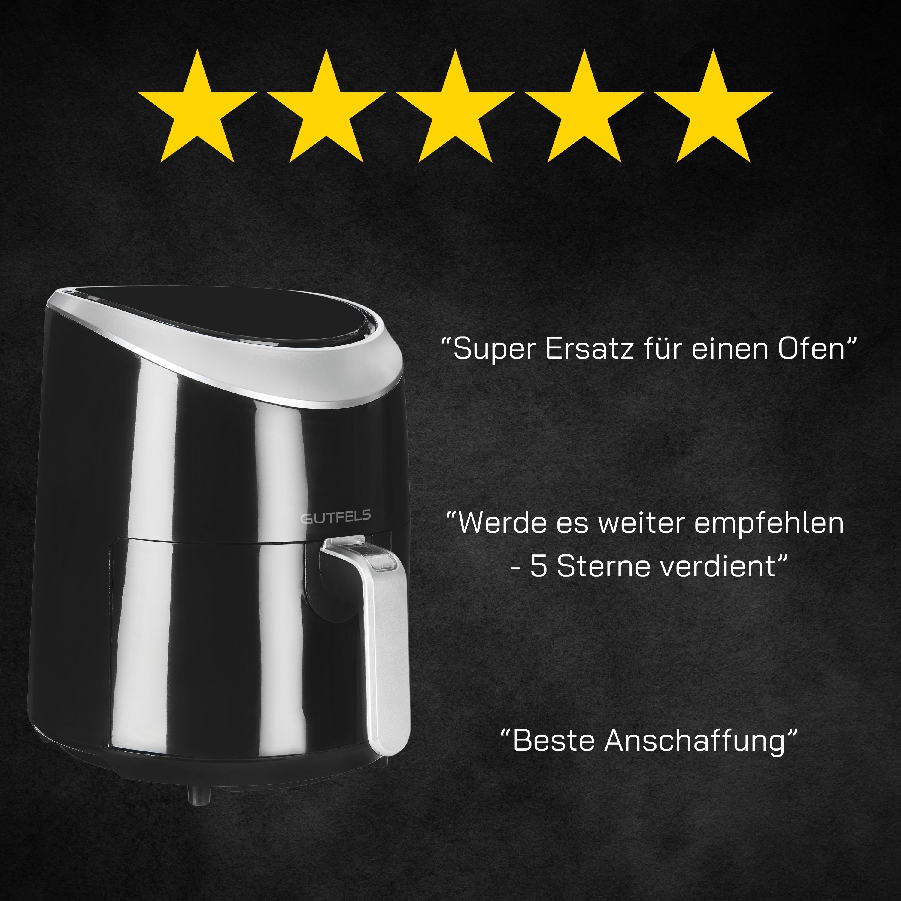 Schwarze Heißluftfritteuse mit silbernen Akzenten. Fünf gelbe Sterne und Kundenrezensionen.