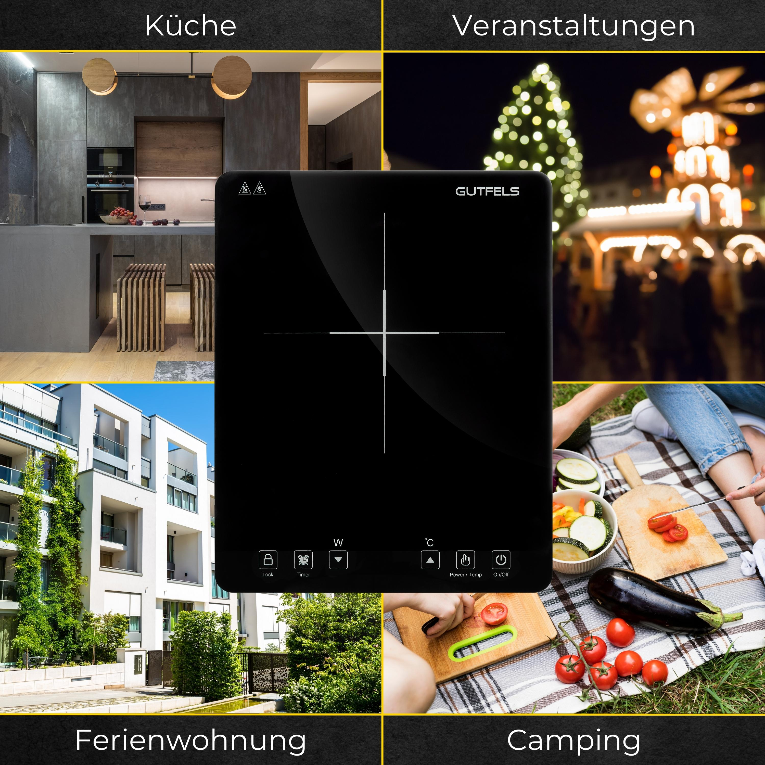 Schwarzes Induktionskochfeld mit Bedienfeld. Szenen einer Küche, Veranstaltungen und Camping werden gezeigt.