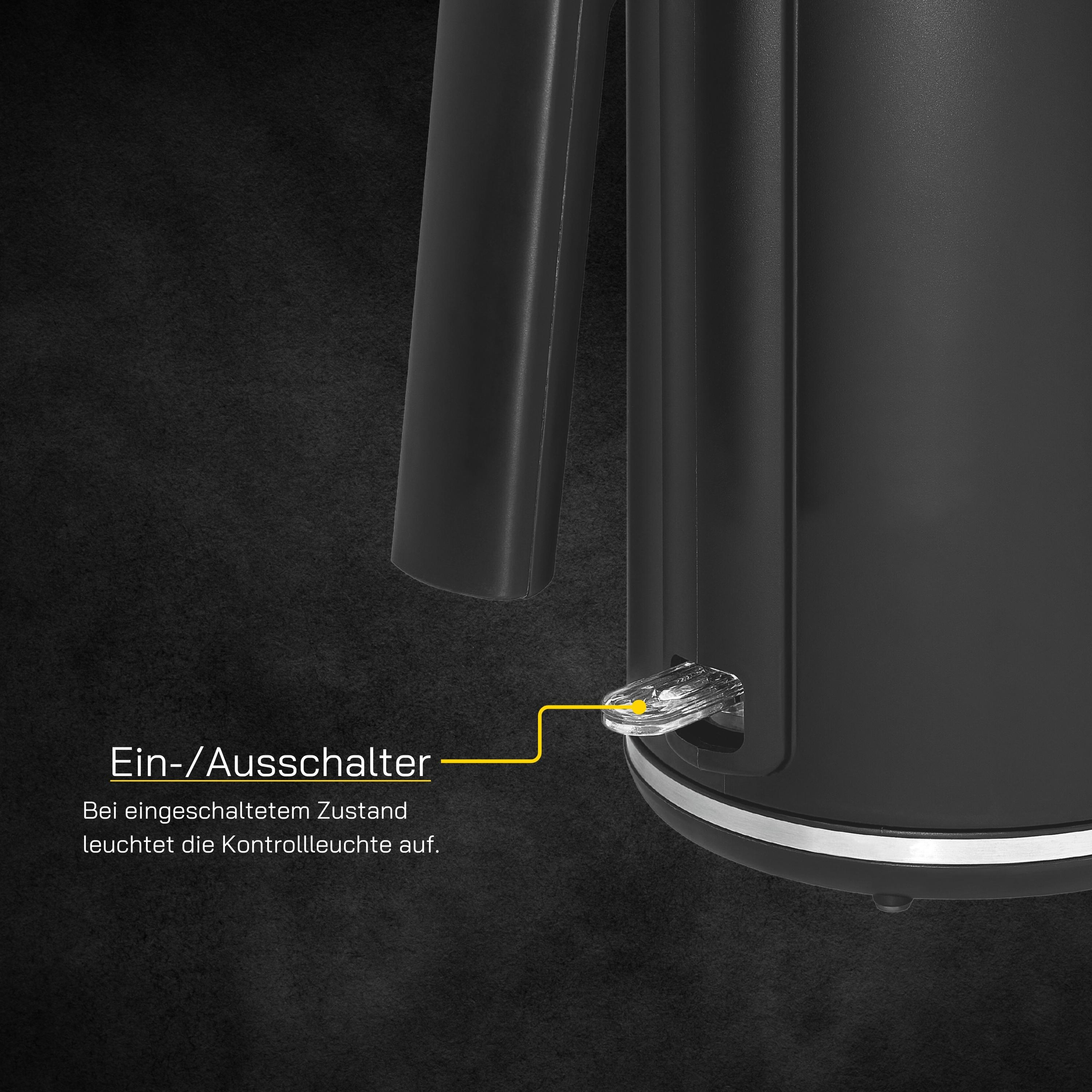 Schwarzer Wasserkocher mit hervorgehobenem Netzschalter. Text auf Deutsch.