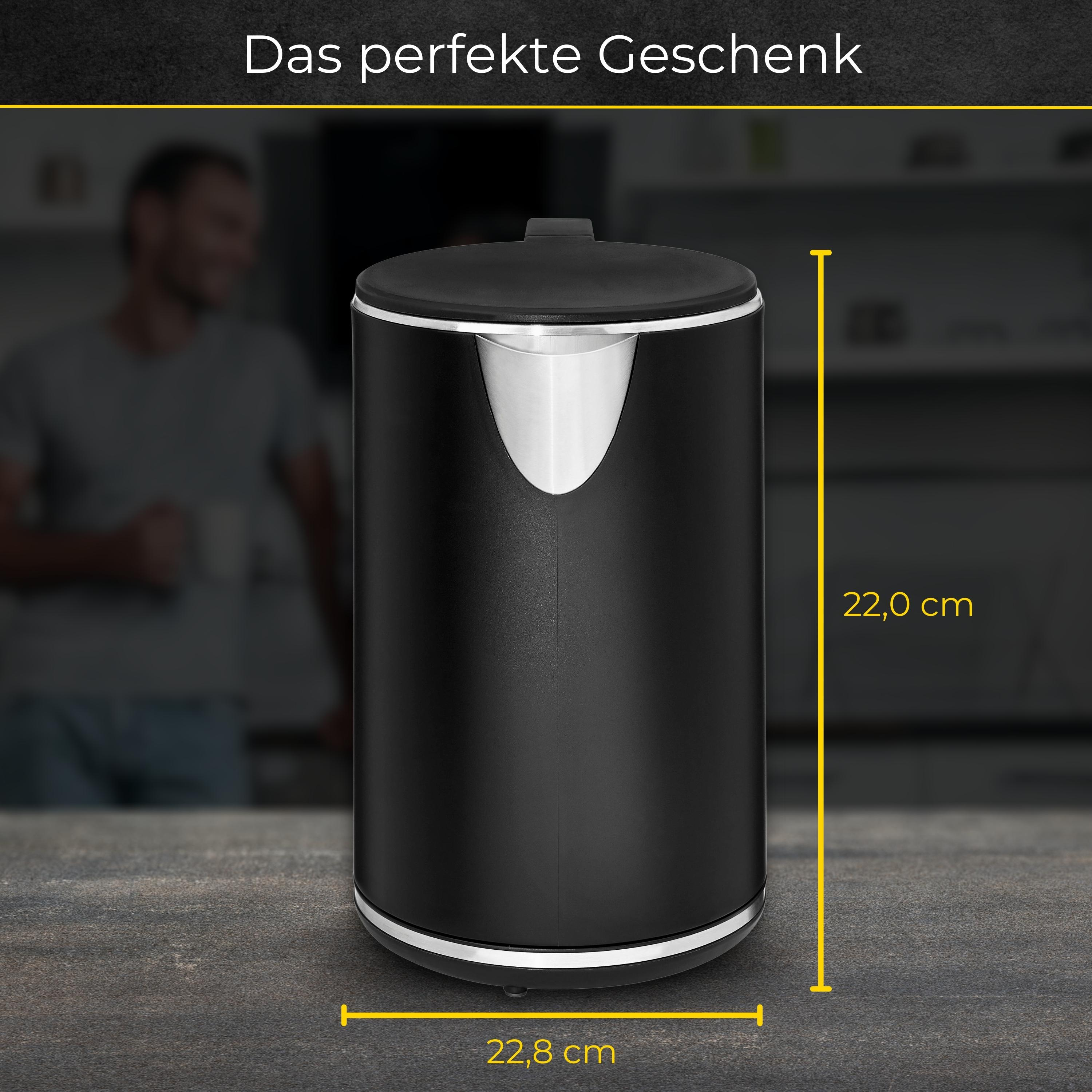 Schwarzer Wasserkocher auf einem Tisch. Text oben: 'Das perfekte Geschenk'. Abmessungen angezeigt.