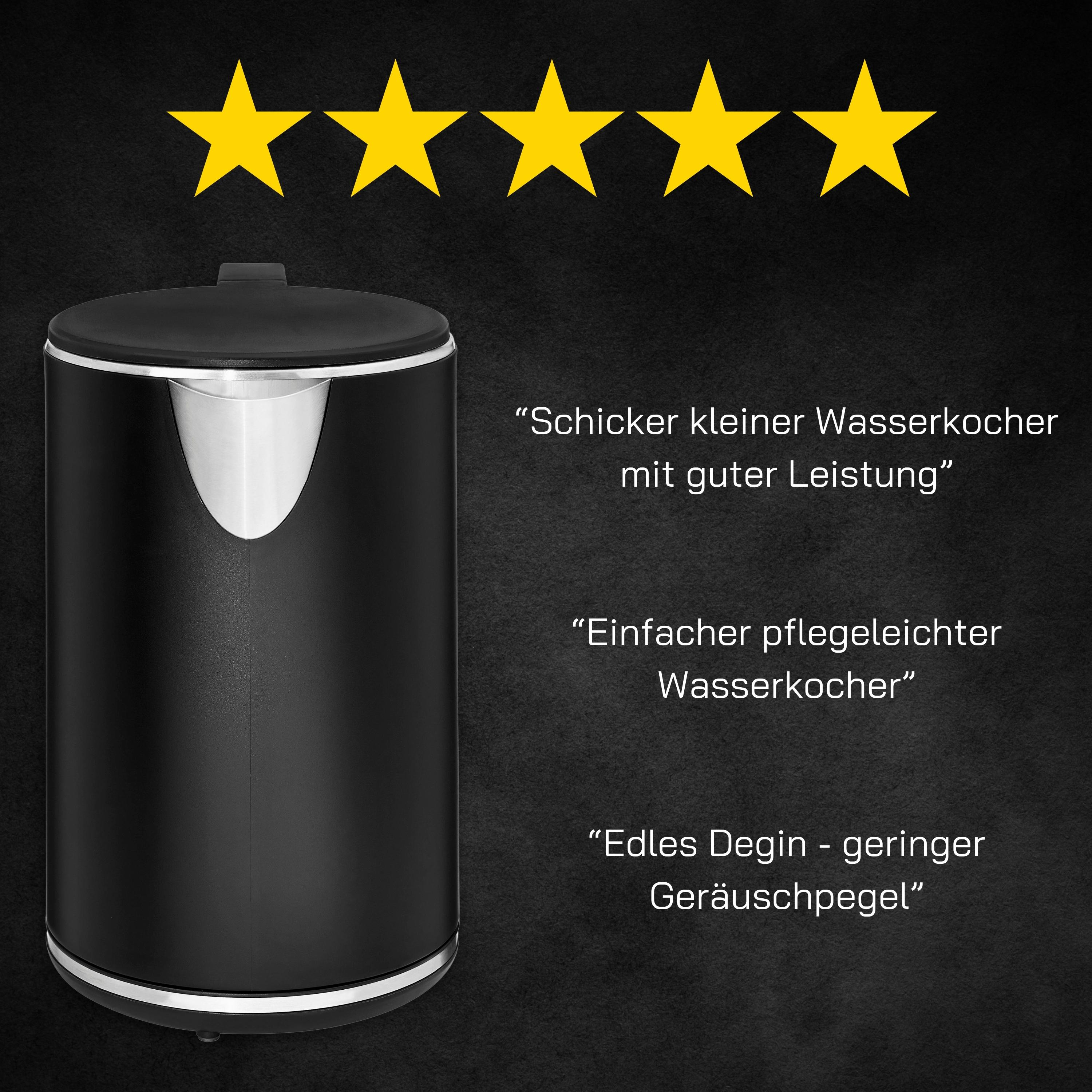 Schwarzer Wasserkocher mit silbernen Akzenten. Bewertungen und fünf goldene Sterne werden auf schwarzem Hintergrund gezeigt.