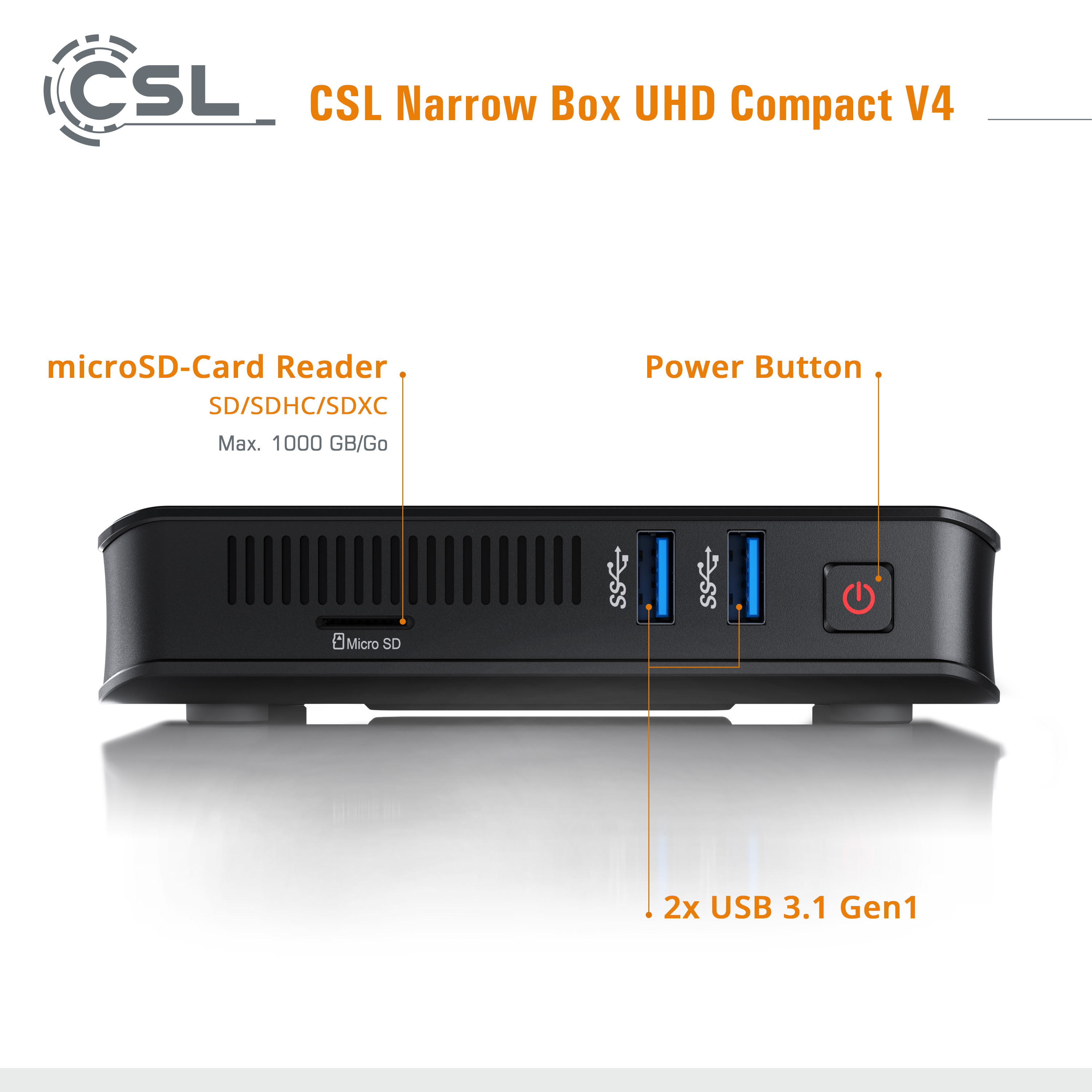 CSL Narrow Box Ultra HD Compact 128 v4, Graphics eMMC, mit GB (64 Mini-PC Intel® 4 HD Prozessor, Intel® GB Celeron® Windows 11 RAM, Home Bit)