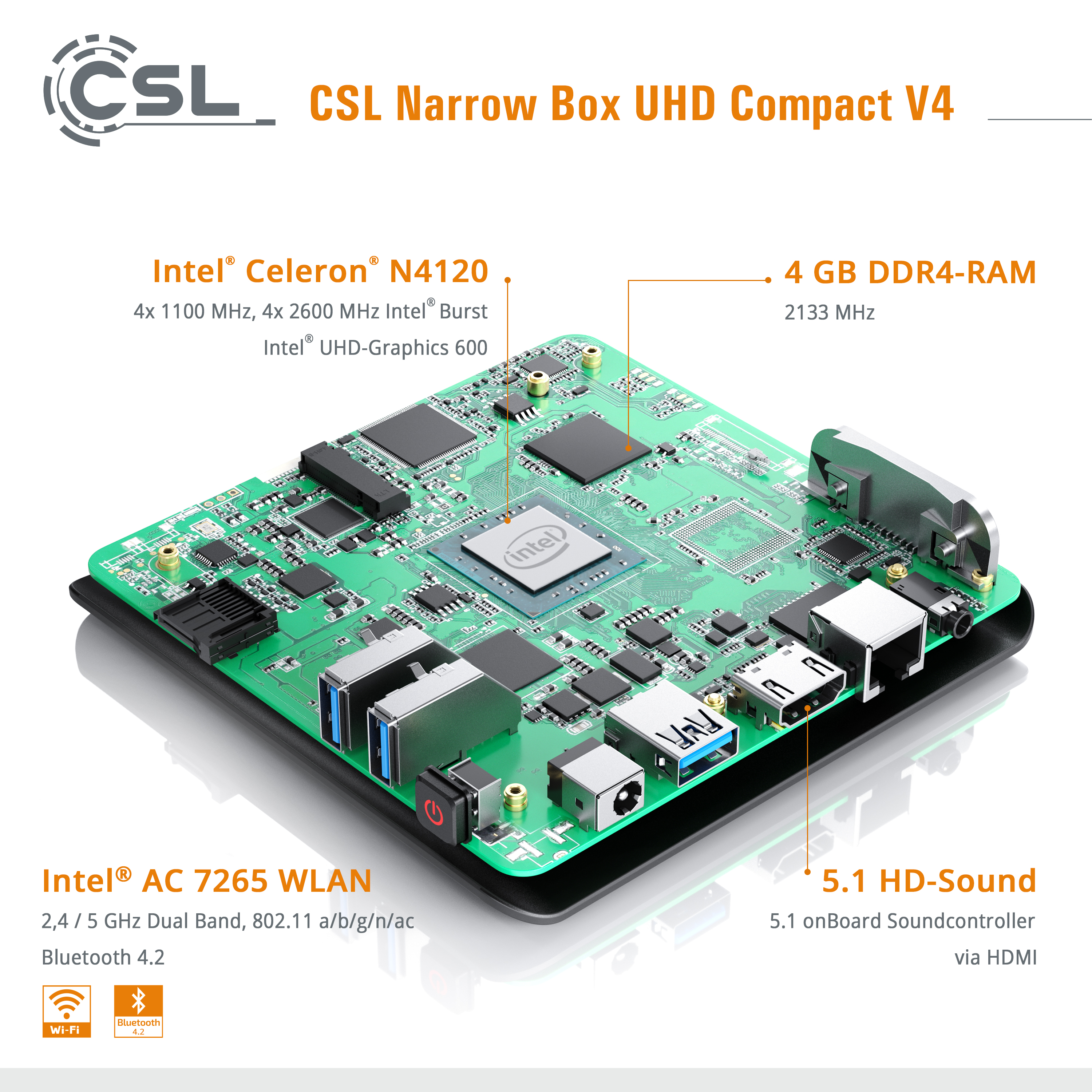 CSL Narrow Box (64 GB Pro Intel® 4 RAM, Mini-PC eMMC, mit v4, Graphics Compact Ultra Bit), 11 GB Celeron® Intel® HD 128 Windows HD Prozessor