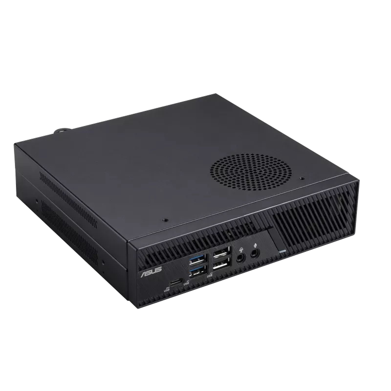 Ein schwarzer ASUS-Computer. Die Vorderseite hat mehrere USB-Anschlüsse. Der Hintergrund ist weiß.