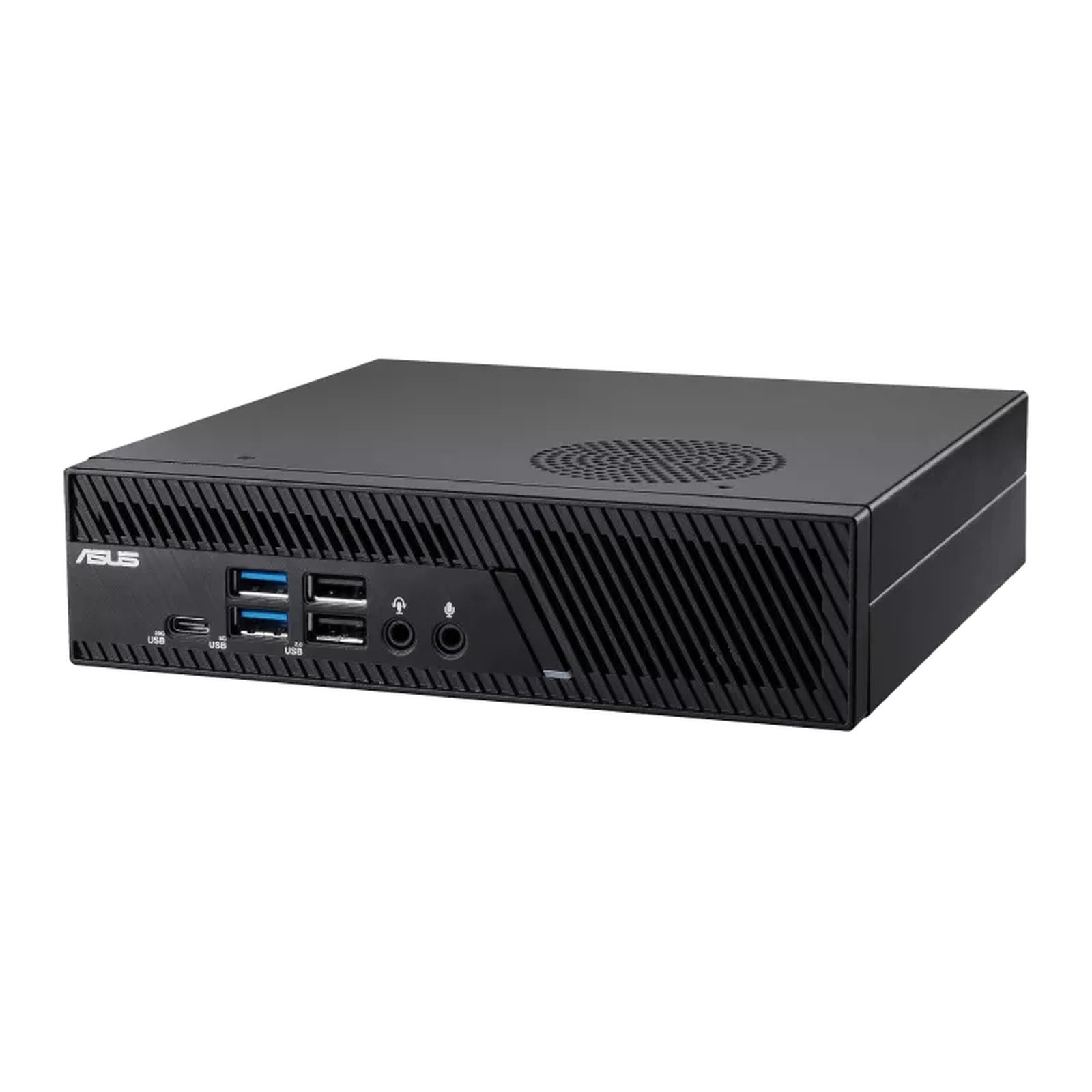 Schwarzes Computergehäuse mit USB-Anschlüssen und einem Power-Knopf. Die Marke ASUS ist sichtbar.