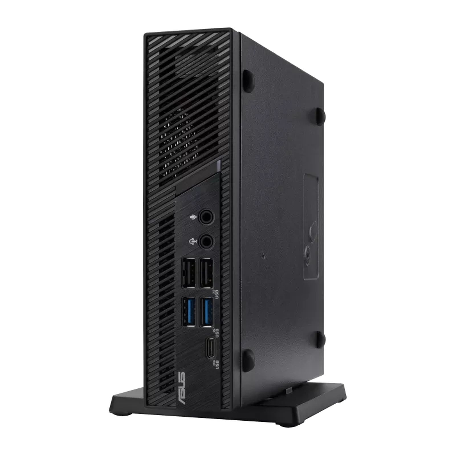 Ein schwarzer Mini-PC mit Anschlüssen, der auf einem Ständer aufrecht steht.