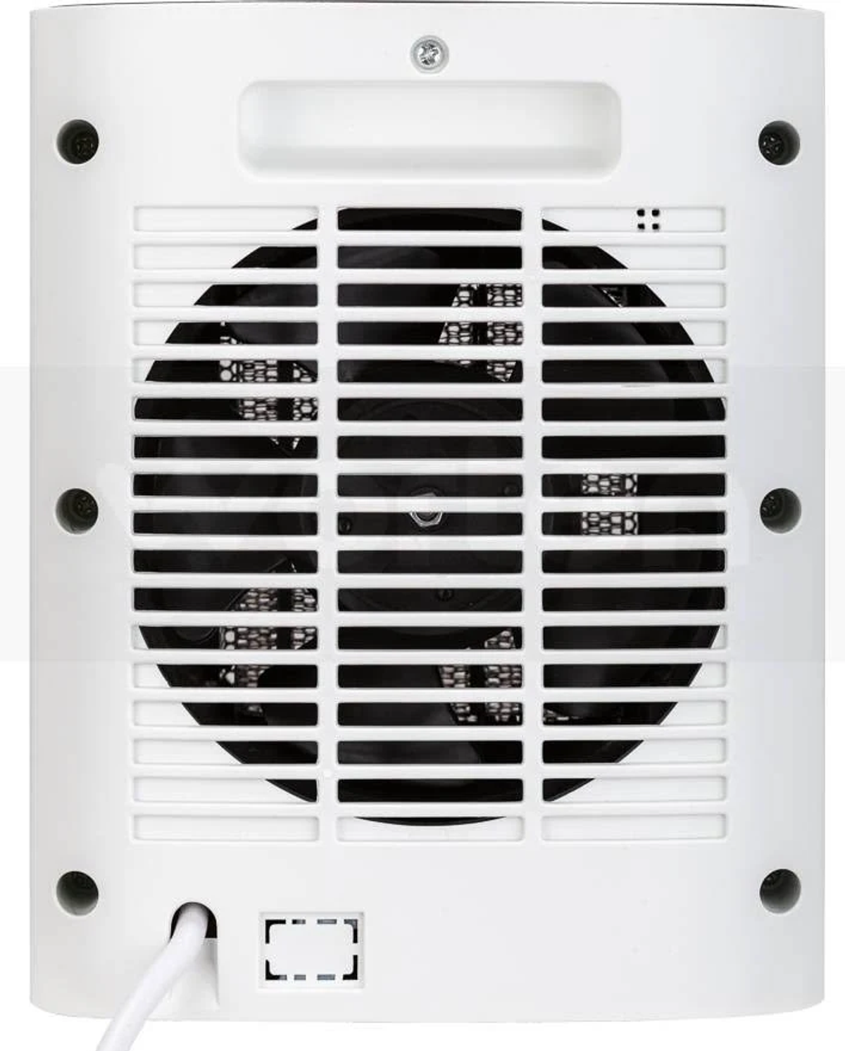 Biały tył grzejnika elektrycznego z wentylatorem. Kratka zakrywa łopatki wentylatora.