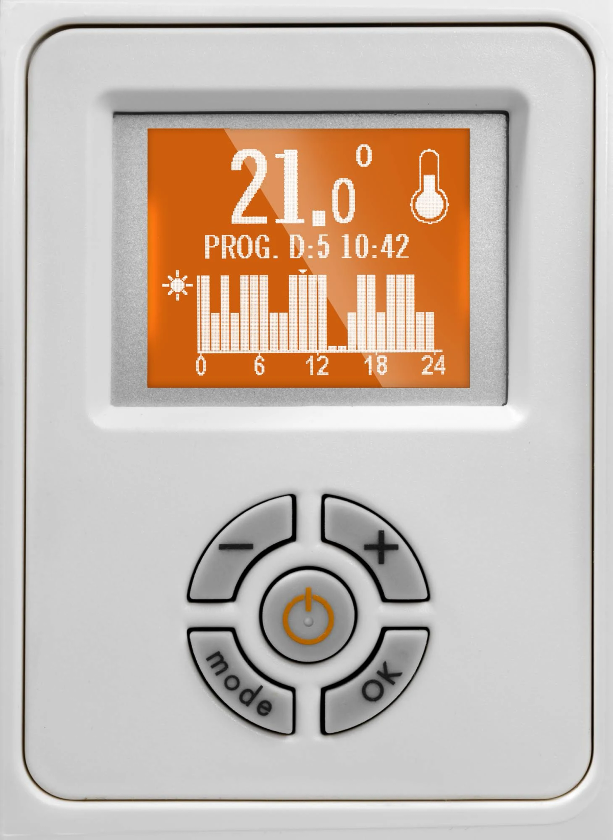 Biały termostat z cyfrowym wyświetlaczem pokazującym 21,0 stopni i harmonogram. Przyciski poniżej.