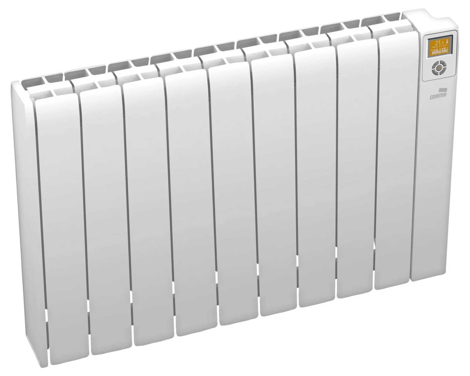 Biały, pionowy grzejnik z wyświetlaczem cyfrowym. Posiada wiele pionowych żeber.