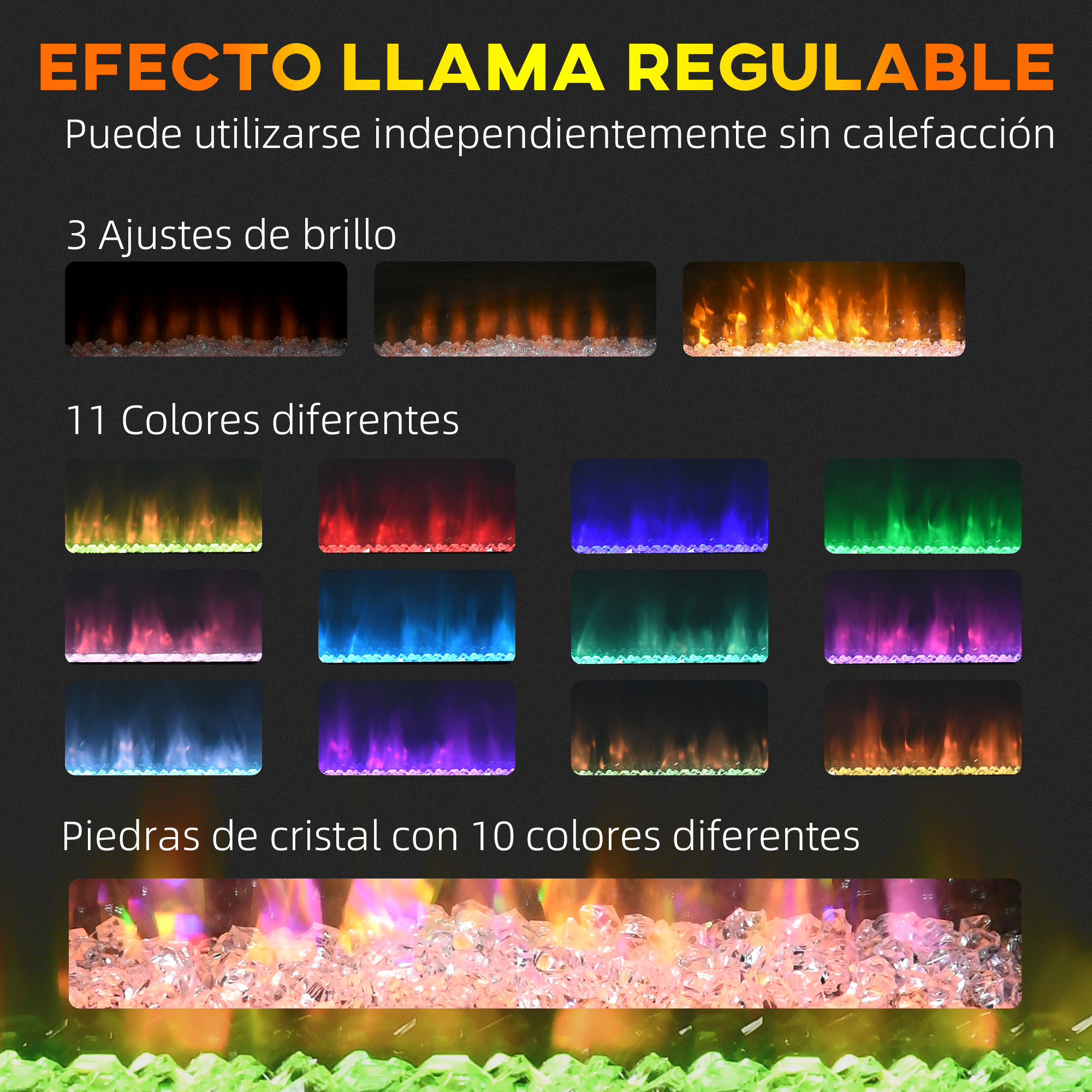 Una imagen con fondo negro muestra efectos de llama ajustables en varios colores y piedras de cristal.