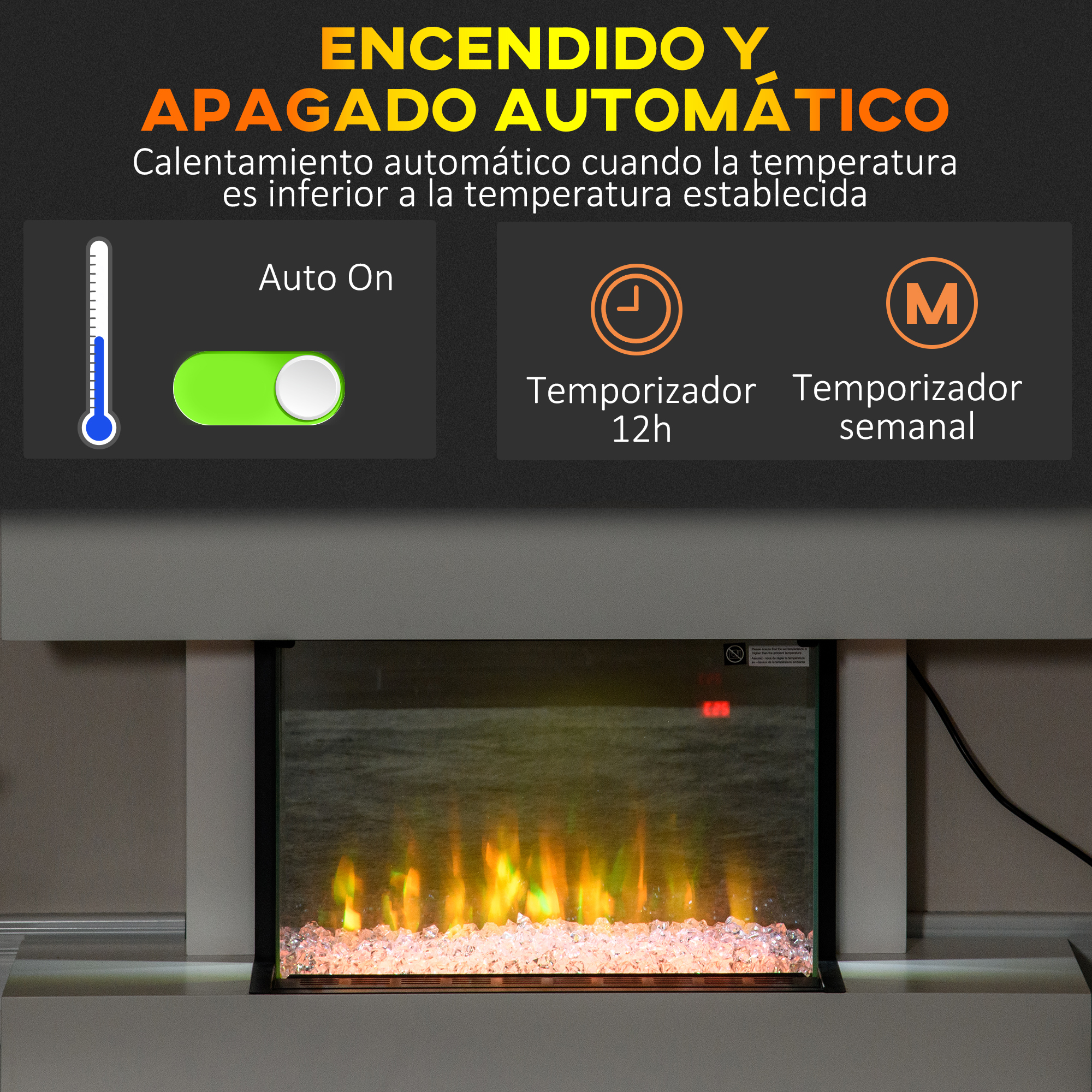 Chimenea con controles de calefacción automáticos y un temporizador de 12 horas.