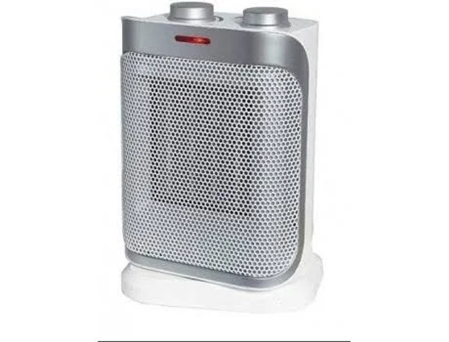 Un pequeño calentador eléctrico blanco y gris con dos perillas arriba.