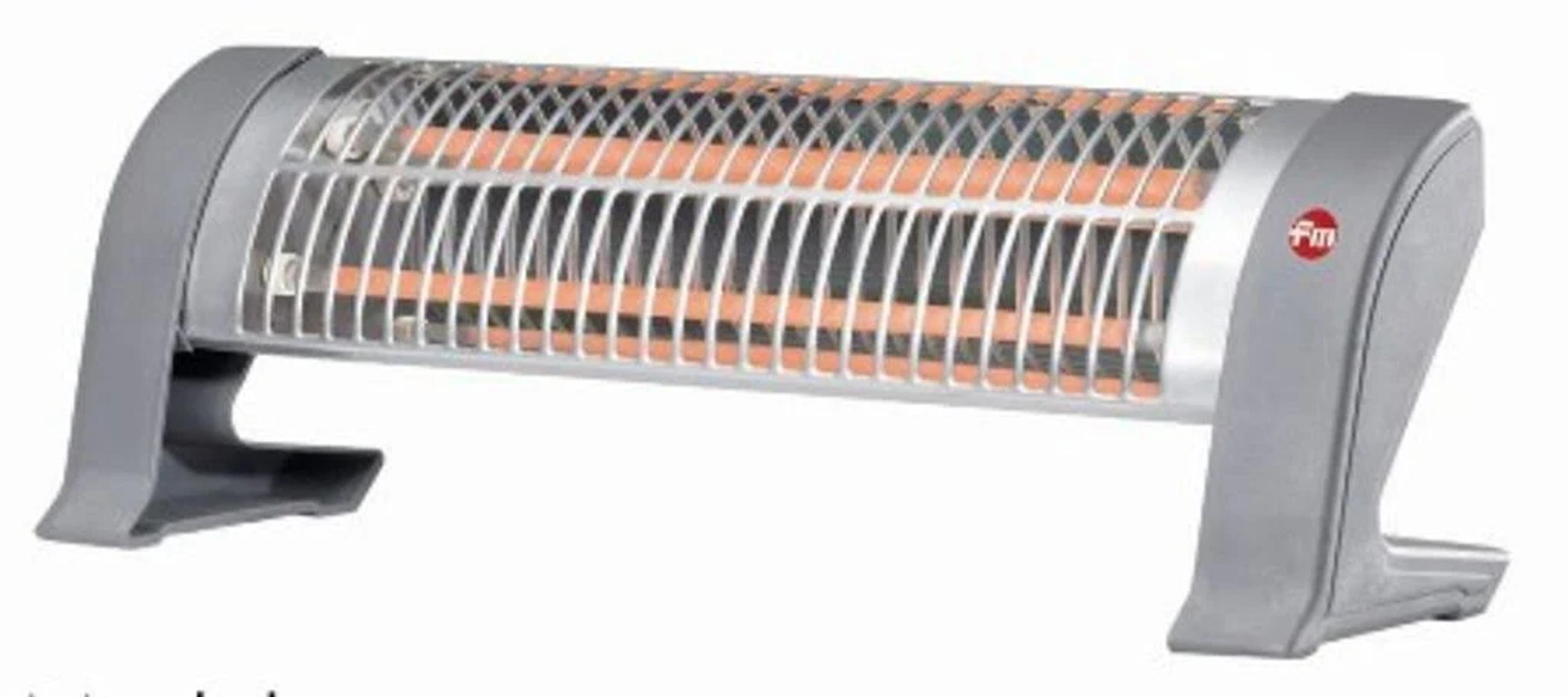 Un termoventilatore elettrico argento e grigio con elementi riscaldanti arancioni. Ha un design curvo.
