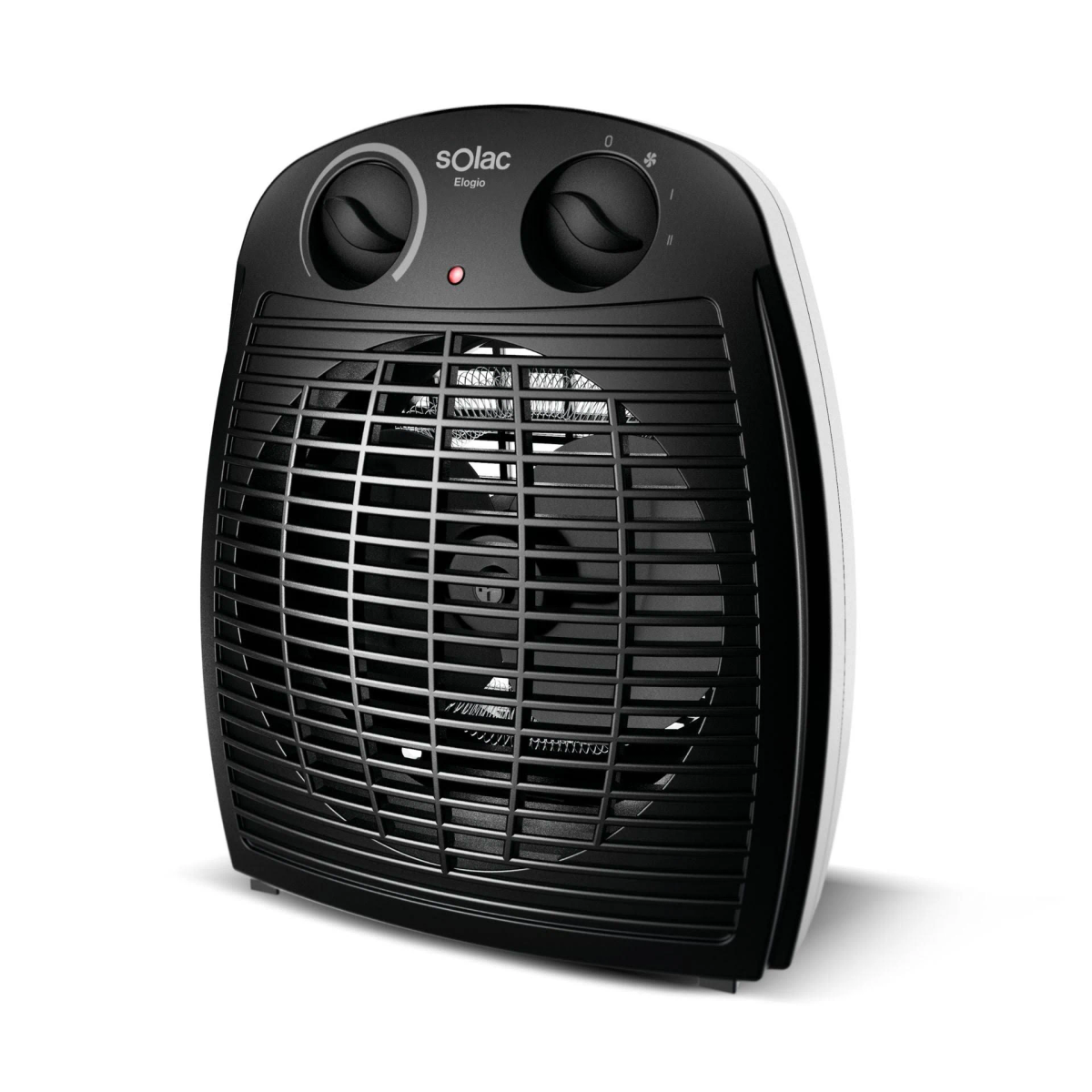Un calefactor eléctrico Solac Elgio negro con dos diales y un ventilador, sobre un fondo blanco.