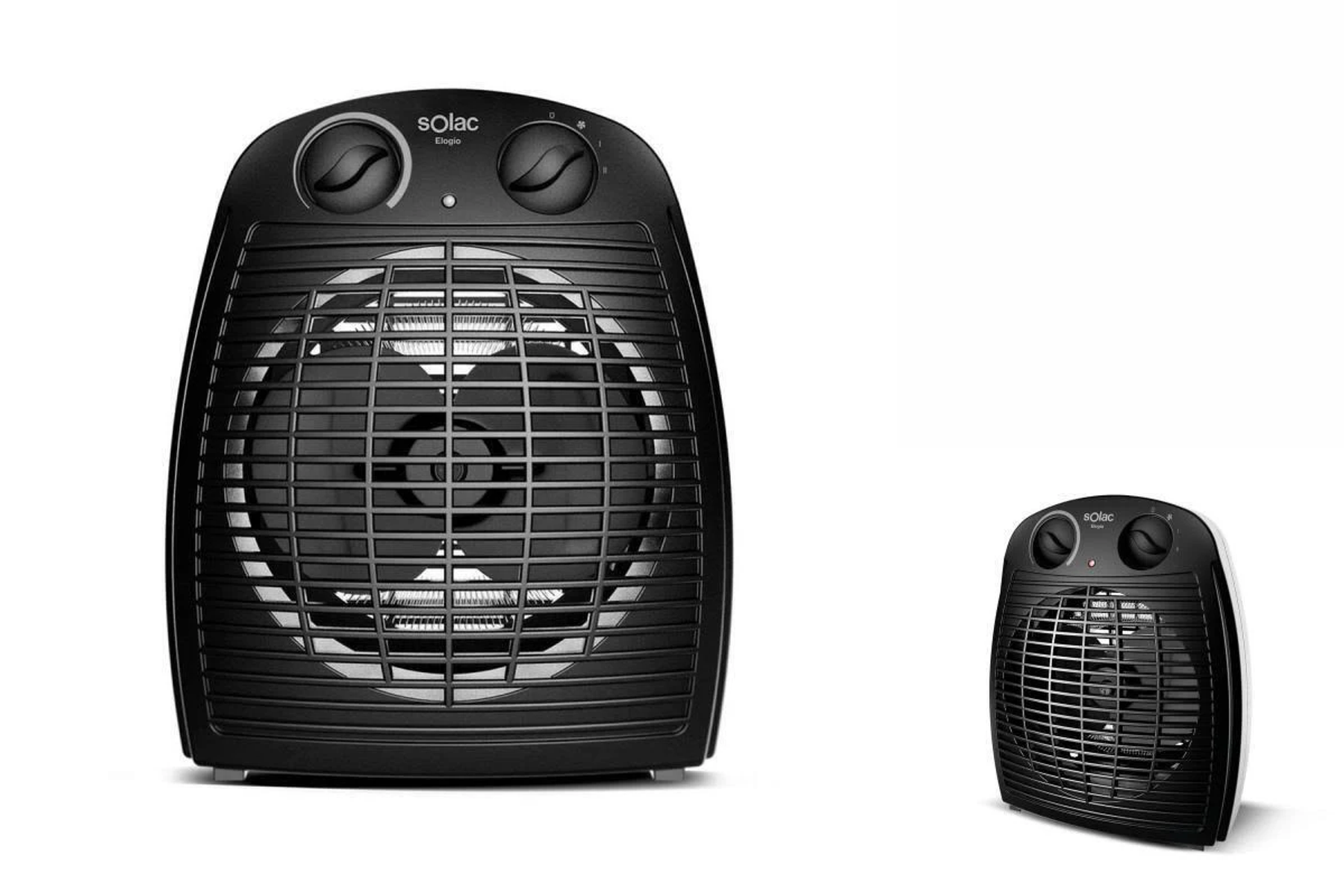 Dos calentadores eléctricos negros, uno grande y uno pequeño, sobre fondo blanco.