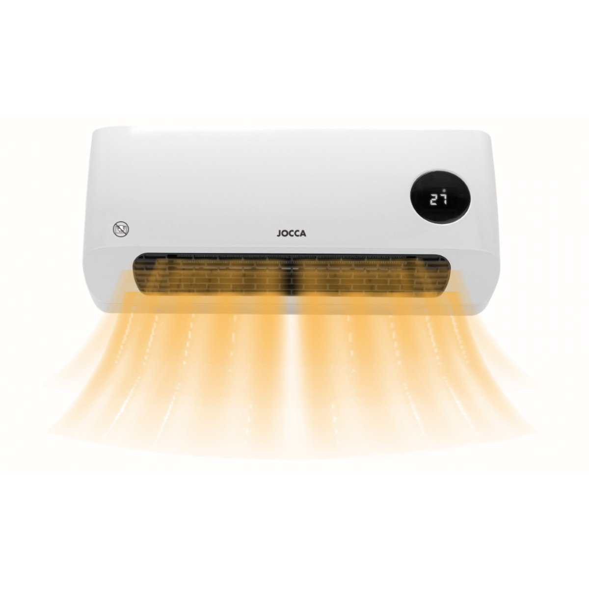 Un calentador de pared blanco que emite ondas de calor naranjas, con la palabra JOCCA.