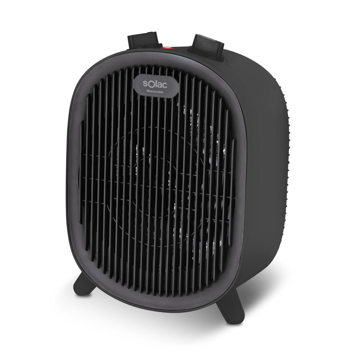Calentador eléctrico negro con lamas verticales y panel de control, en interiores.