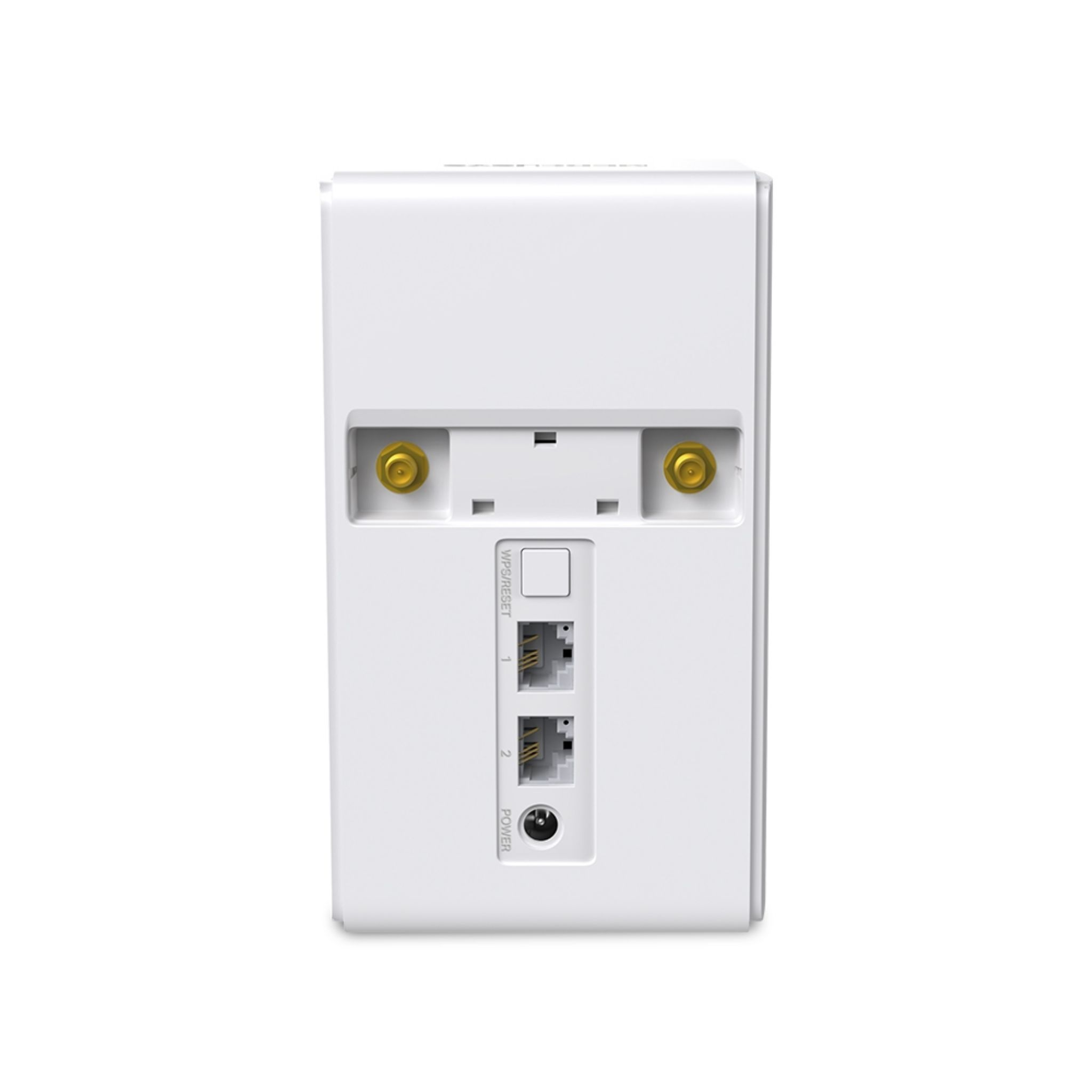 Router blanco con dos puertos de antena, dos puertos LAN y una conexión de alimentación.