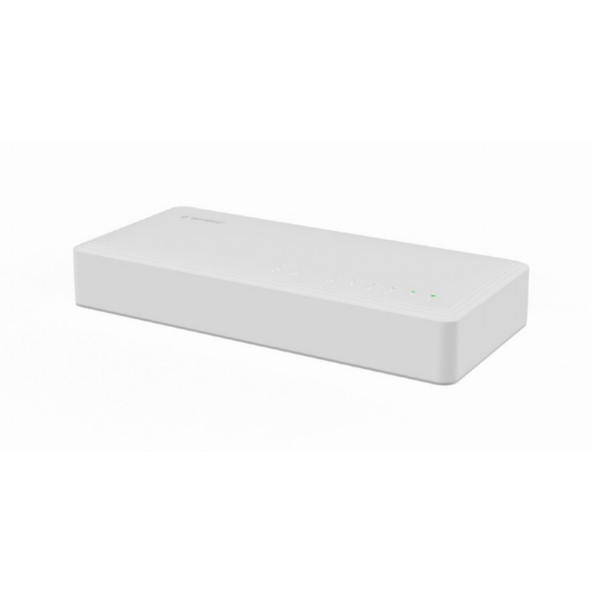 Biały przełącznik sieciowy z zielonymi światłami na górze, na białym tle.