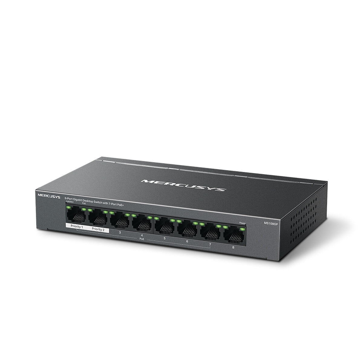 Schwarzer Mercusys 8-Port-Gigabit-Desktop-Switch. Vorderseite mit 8 Ports, grüne LEDs. Weißer Hintergrund.
