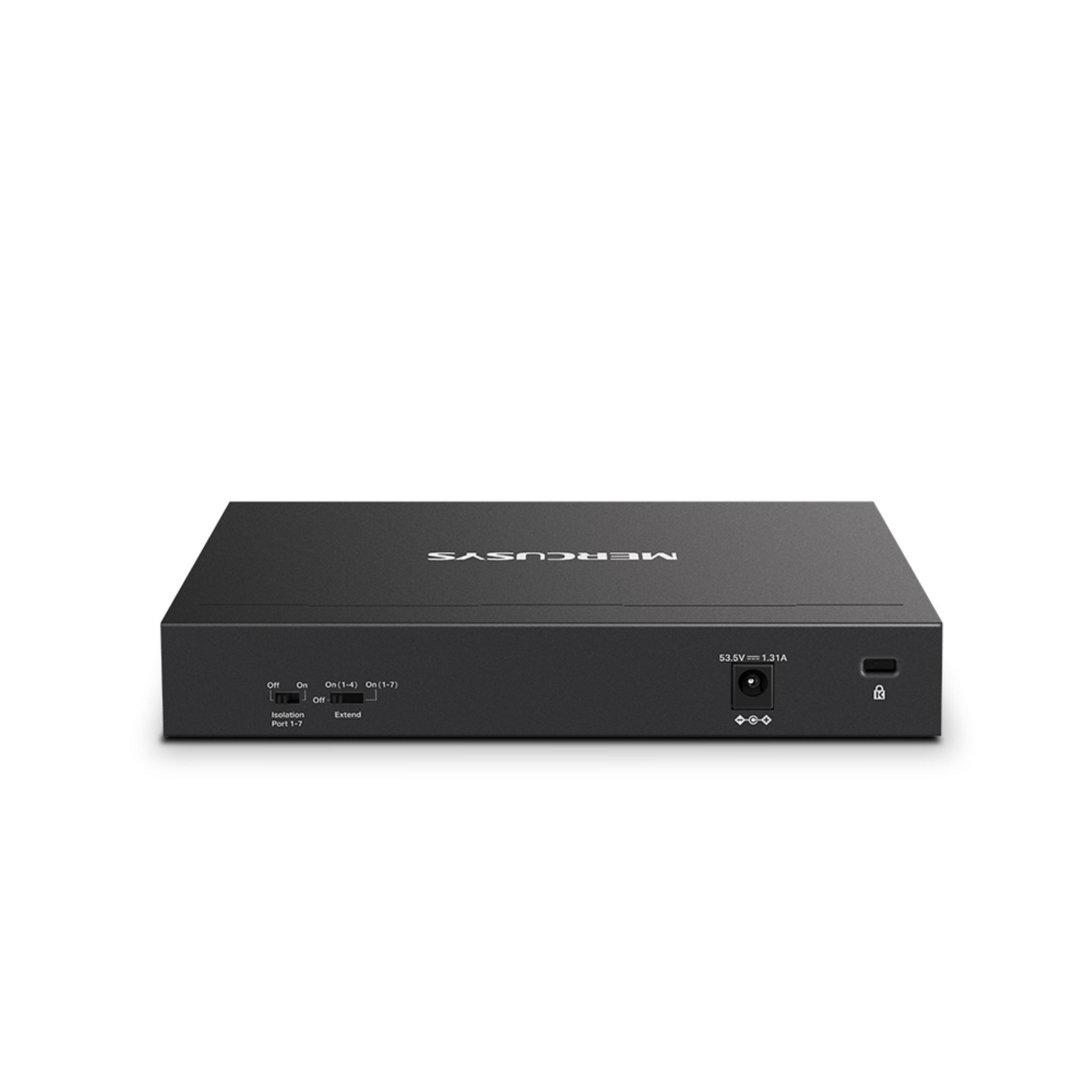 Ein schwarzer MERCUSYS-Router auf einer weißen Oberfläche. Der Router hat Anschlüsse und Kontrollleuchten.