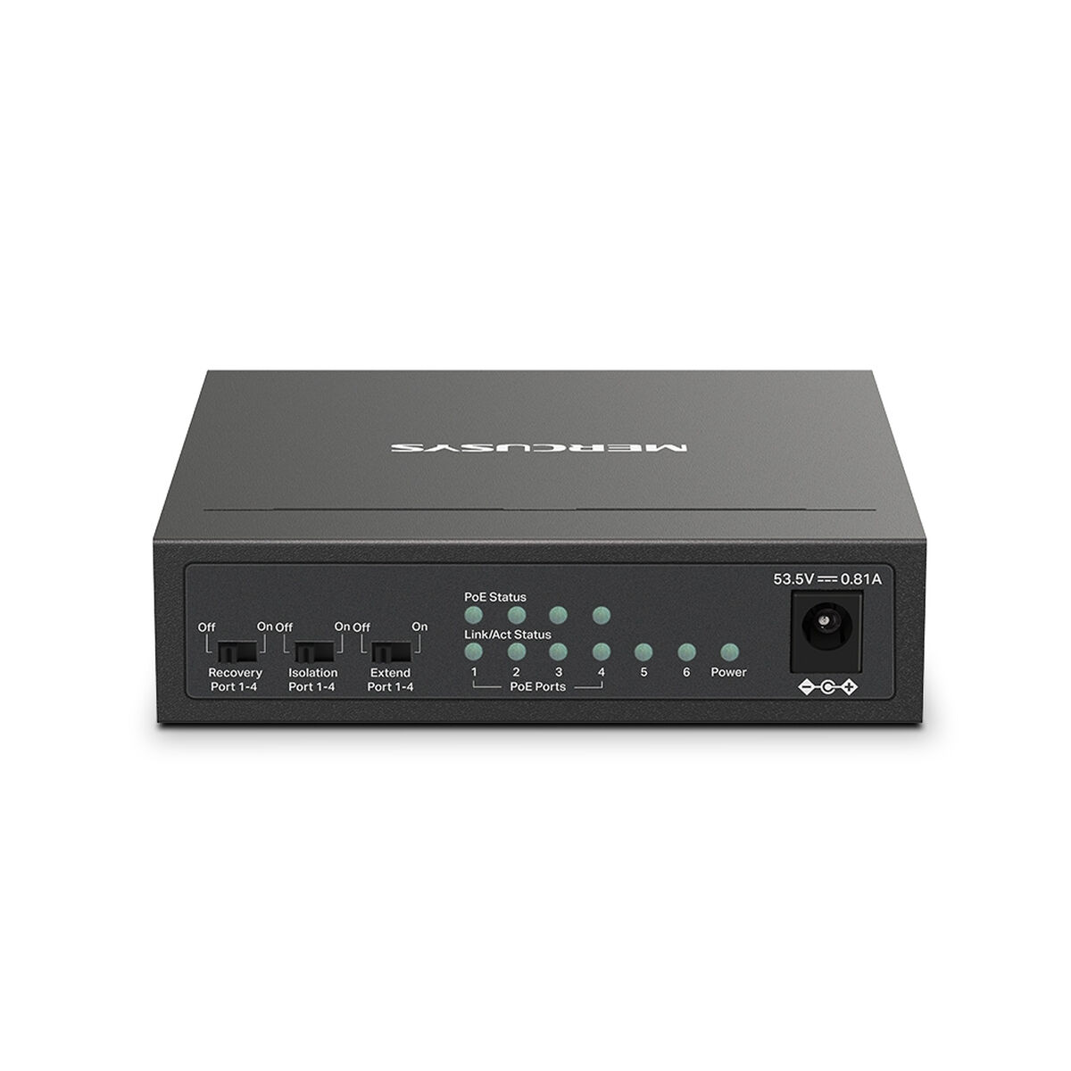 Schwarzer Netzwerk-Switch mit mehreren Lichtern. Auf der Rückseite befinden sich Anschlüsse und Stromeingang.