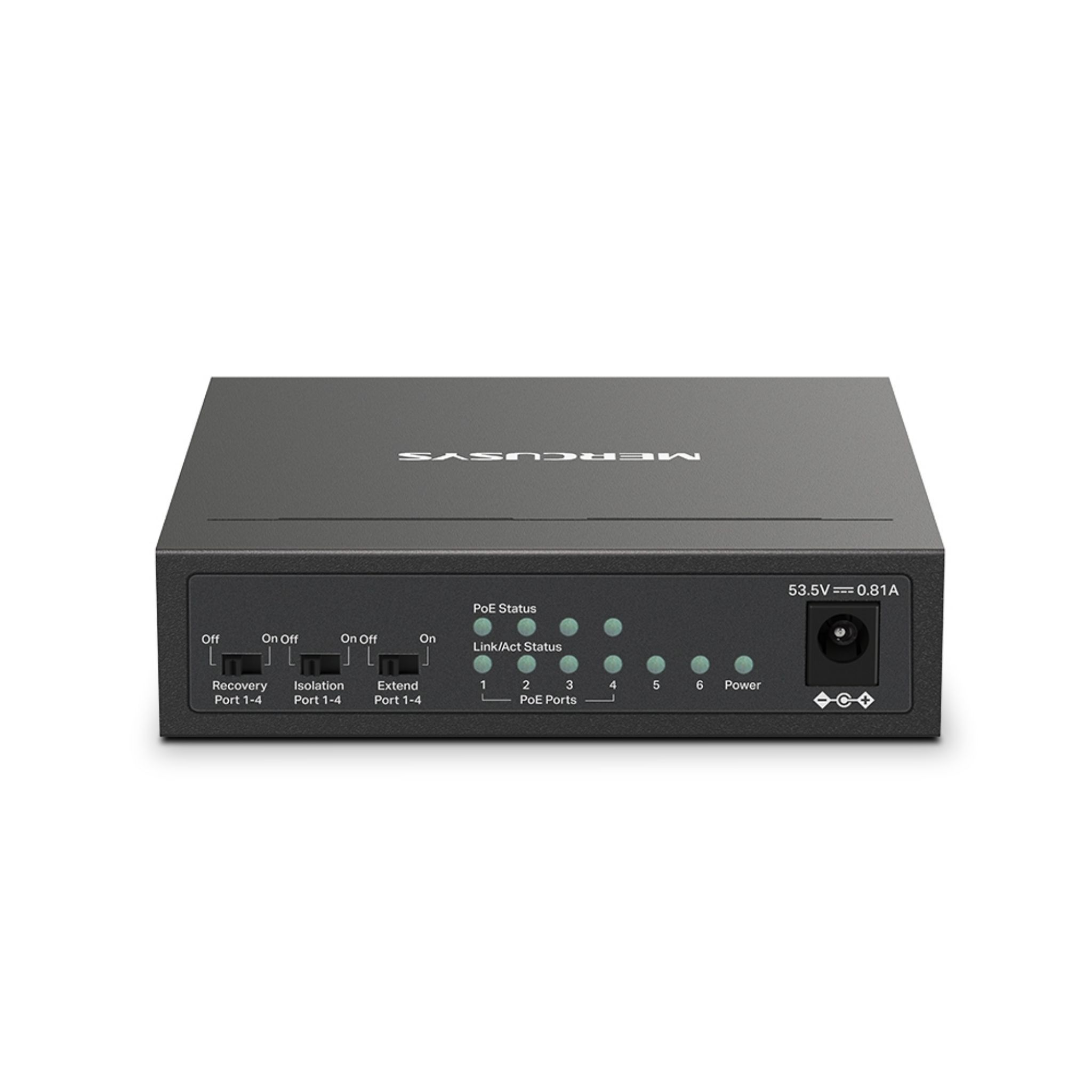 Schwarzer Netzwerk-Switch. Er hat mehrere Anschlüsse und Kontrollleuchten. Der Markenname 'MERCUSYS' ist aufgedruckt.
