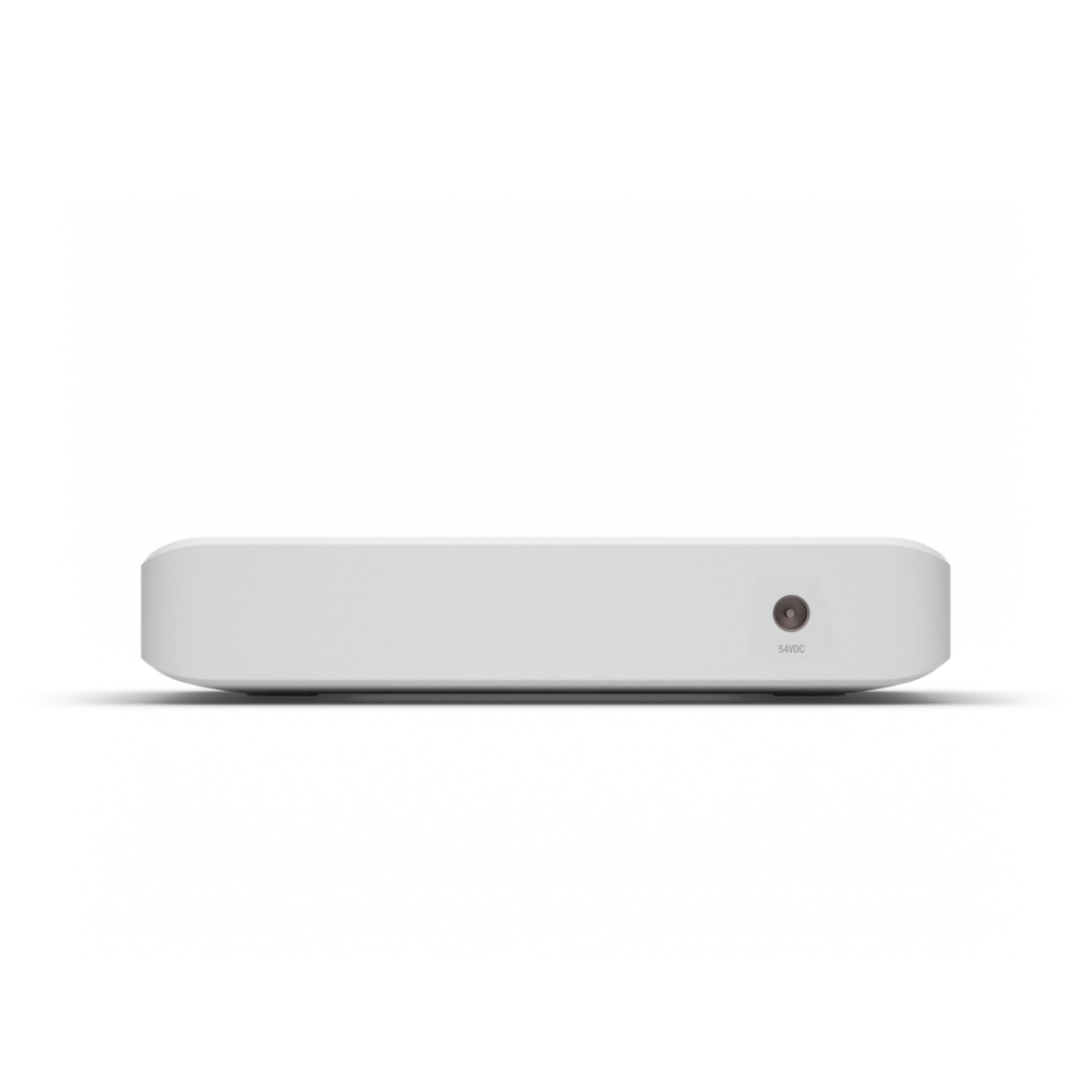 Dispositivo rectangular blanco con un solo puerto en la parte trasera, sobre fondo blanco.