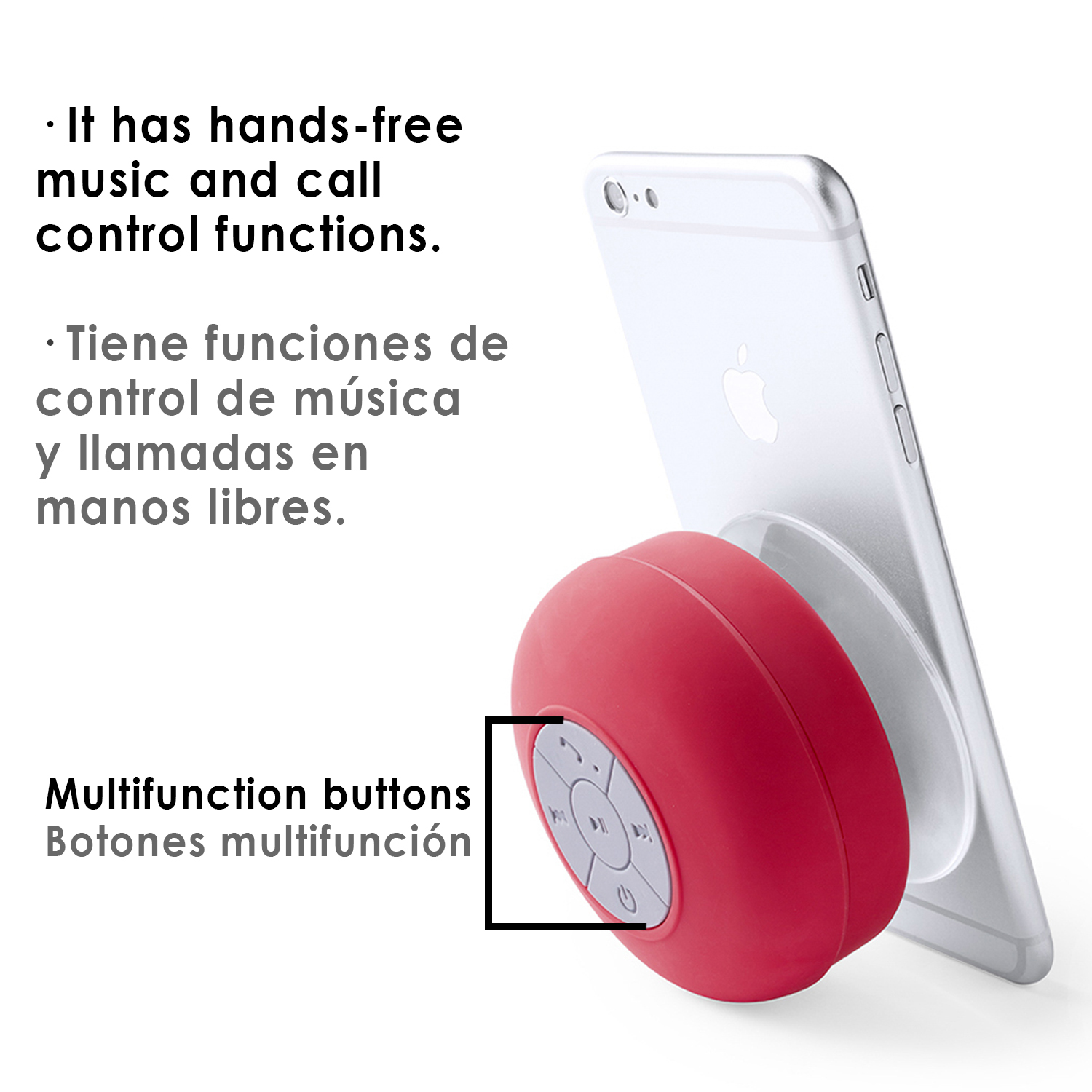 Altavoz rojo impermeable sobre superficie blanca, con teléfono plateado. Texto en español e inglés.