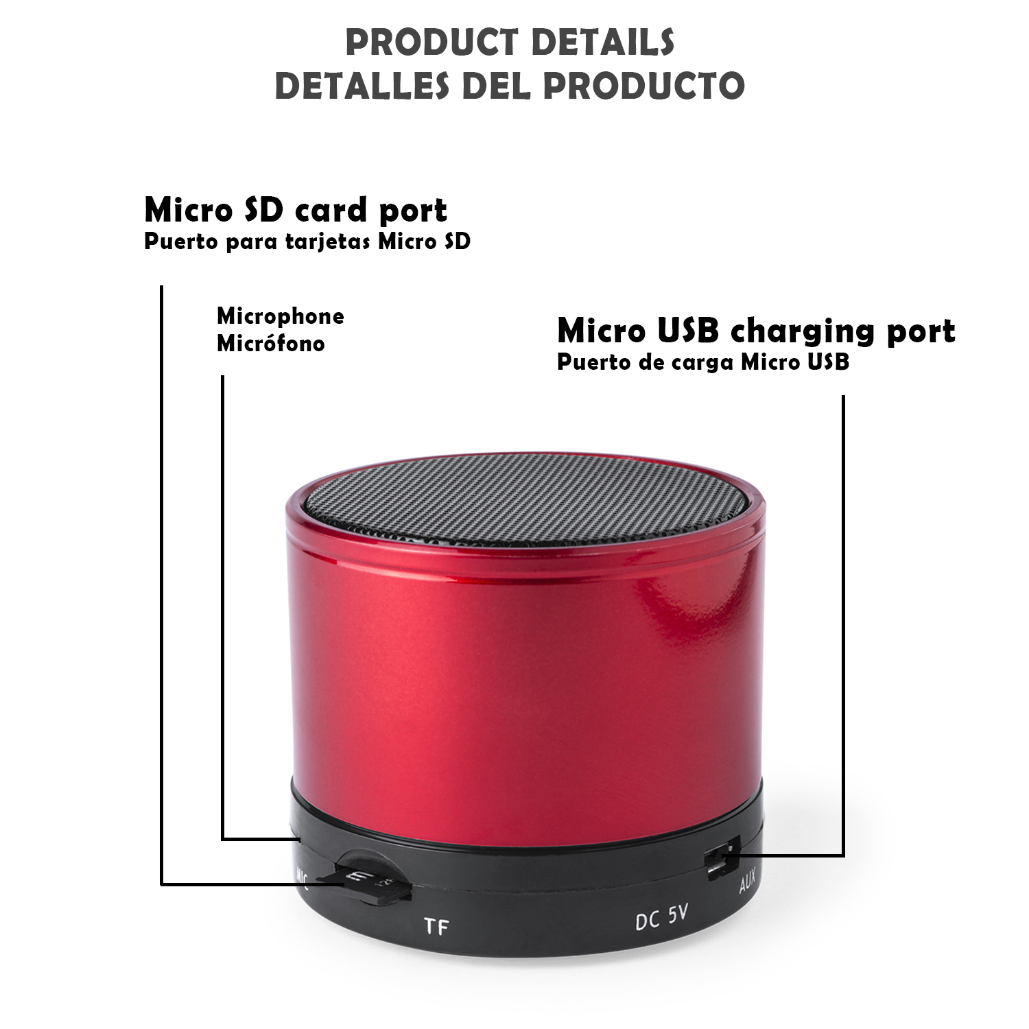 Roter Lautsprecher mit Micro-SD-Anschluss und Micro-USB-Ladeanschluss.