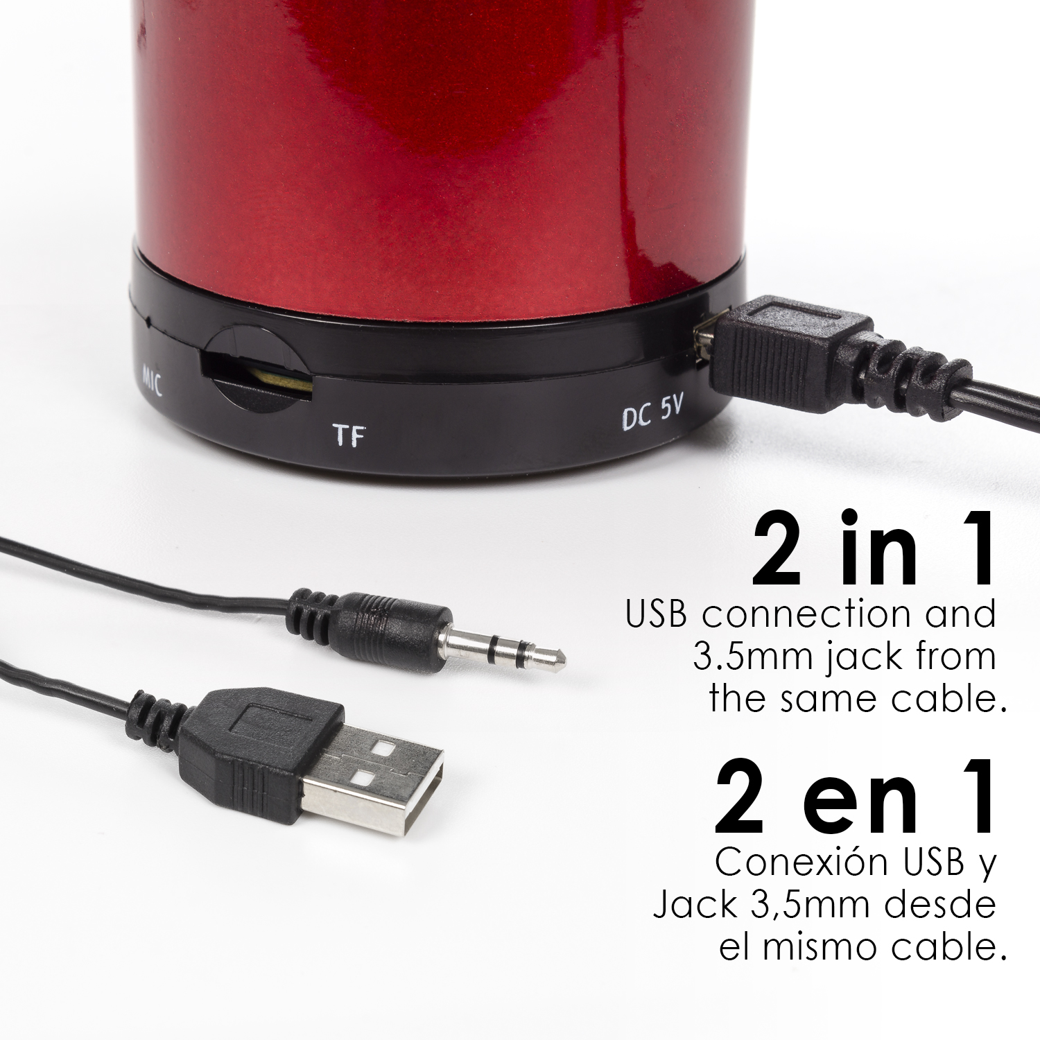 Roter Lautsprecher mit USB- und 3,5-mm-Klinkenanschluss. Zeigt den Lautsprecher und die Kabelanschlüsse.