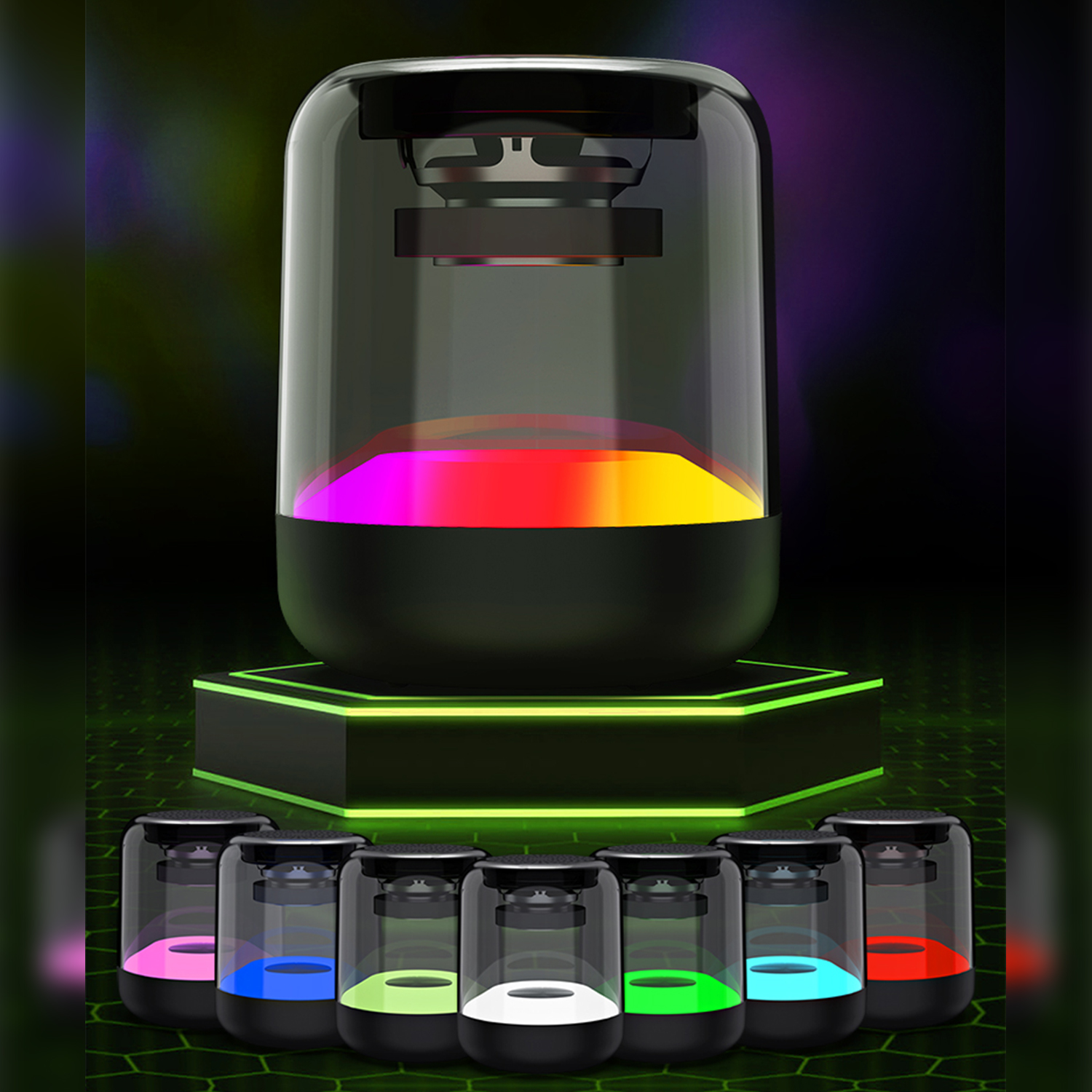 Un altoparlante con un corpo trasparente e un display luminoso colorato nella parte inferiore.