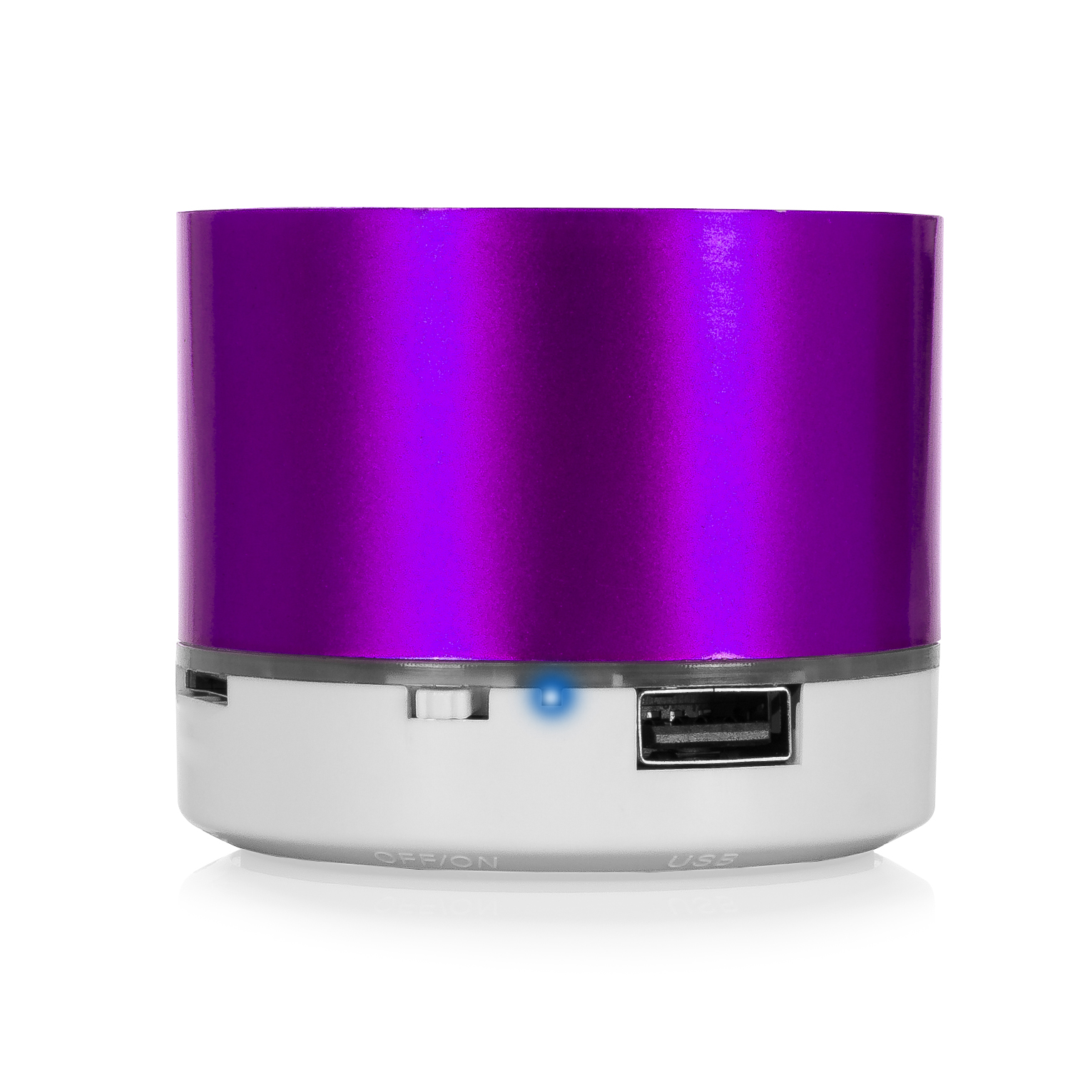 Ein lila-weißer tragbarer Lautsprecher mit USB-Anschluss und Ein/Aus-Taste.