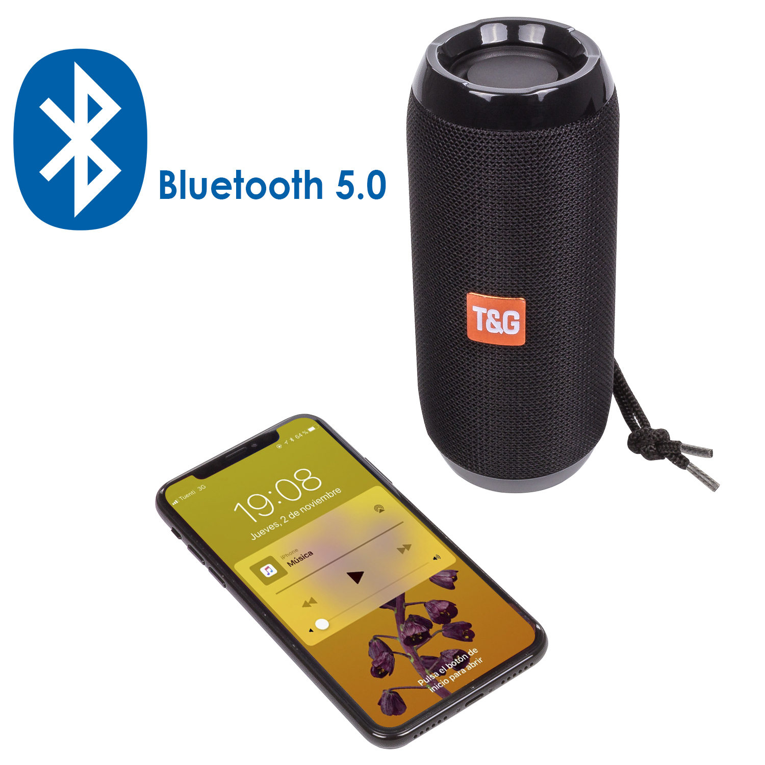Altoparlante bluetooth nero e uno smartphone. Il telefono mostra un'app musicale.
