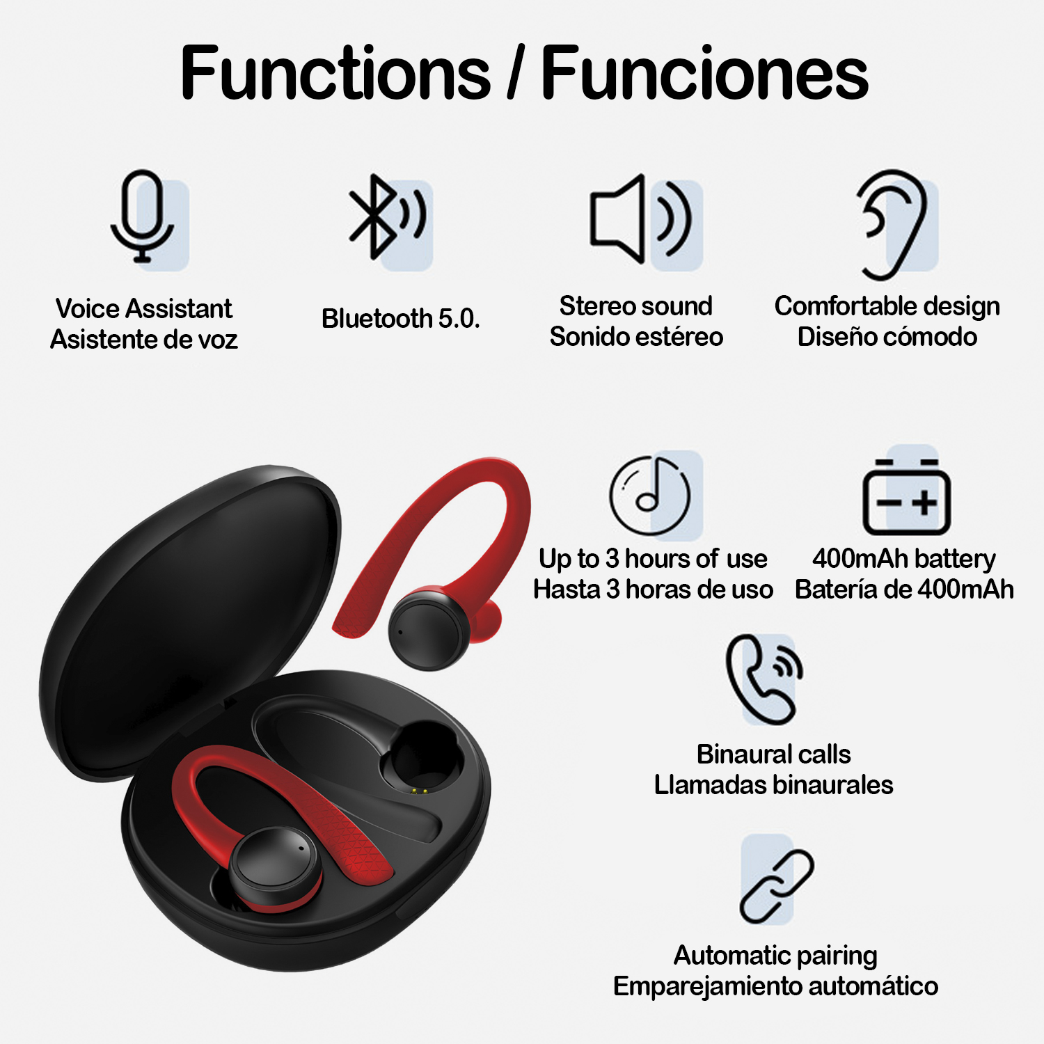 Auricolari e custodia con icone funzione: assistente vocale, Bluetooth, suono stereo, design confortevole, chiamate.