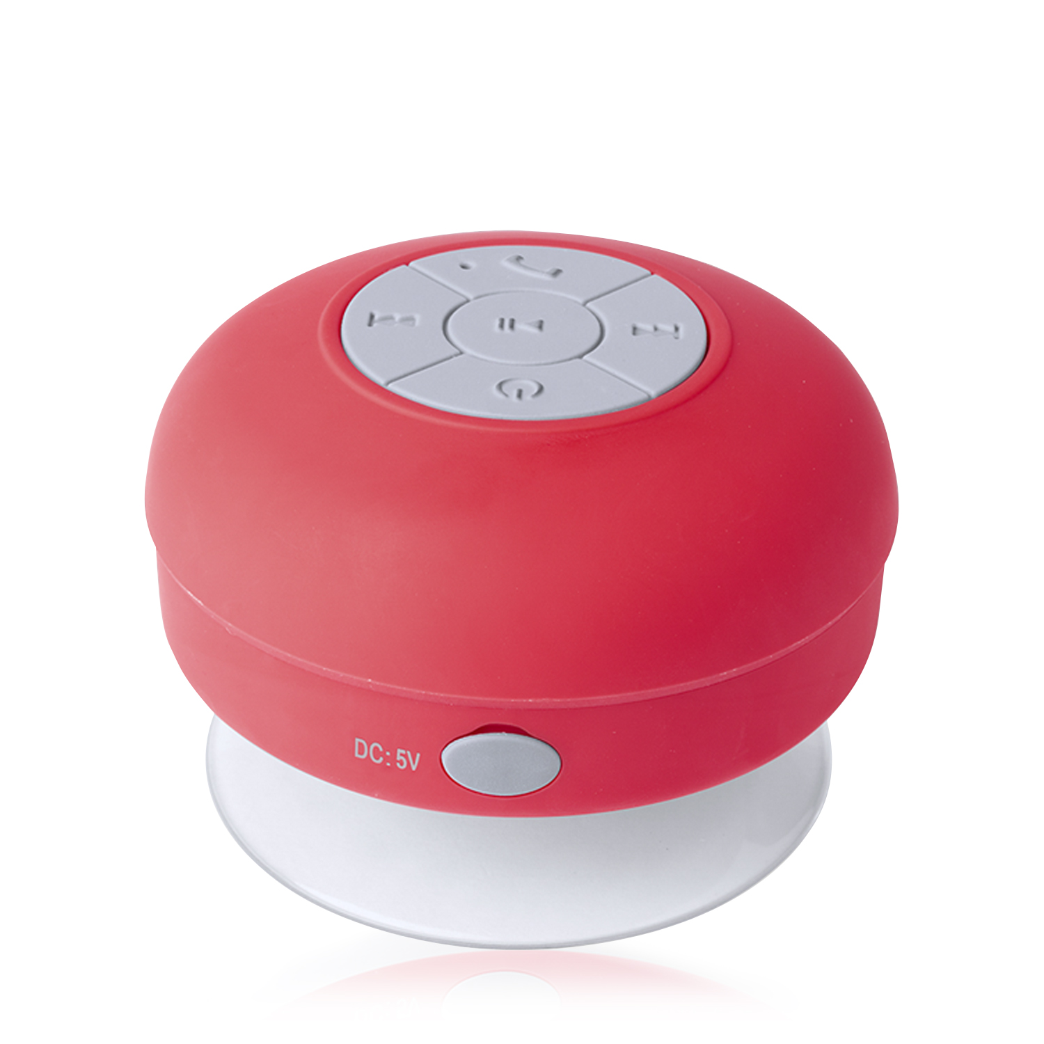 Altavoz redondo rojo y blanco, con botones de control, sobre una base blanca.