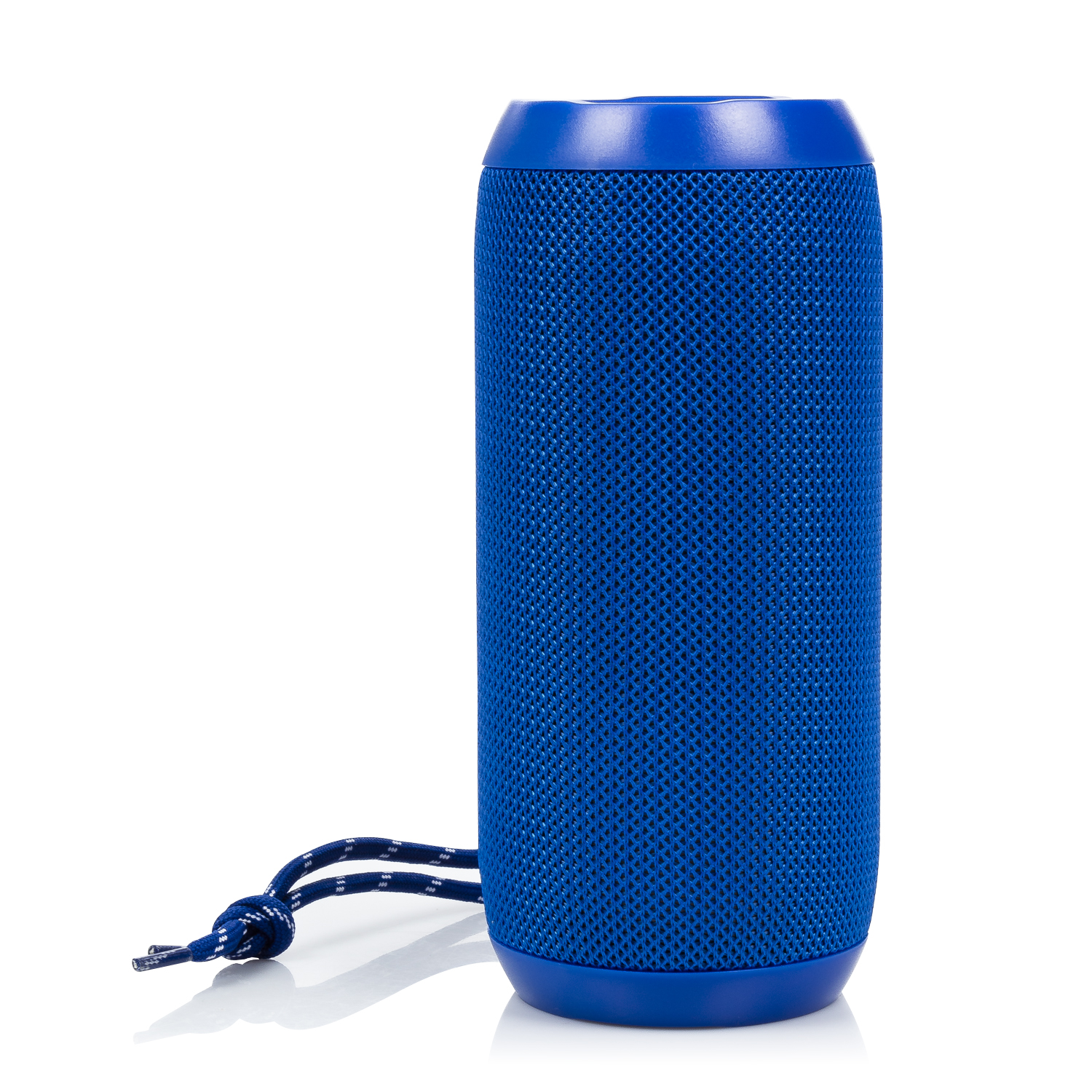 Un altavoz cilíndrico azul con un patrón de malla, un cordón azul y fondo blanco.