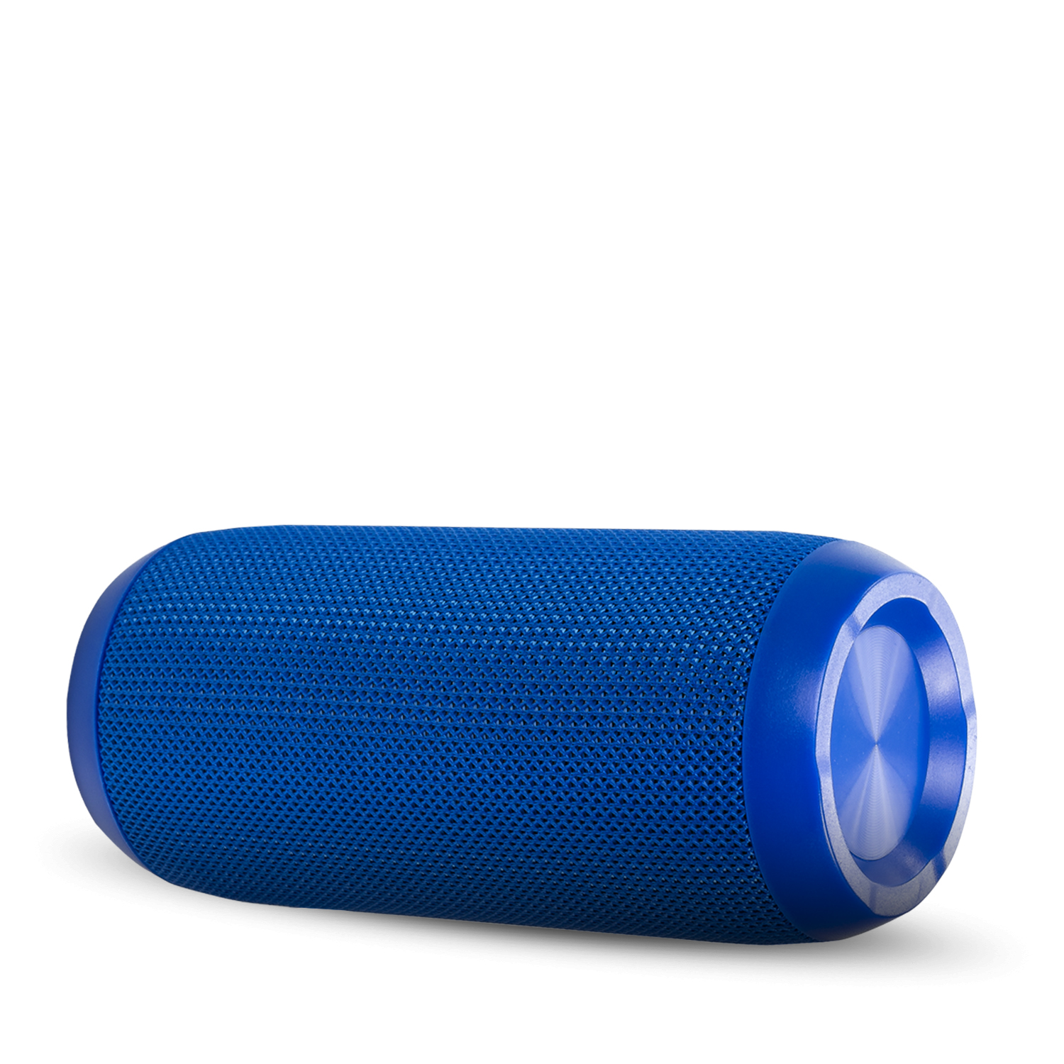 Altavoz cilíndrico azul con textura de malla y base azul lisa y sólida. El fondo es blanco.