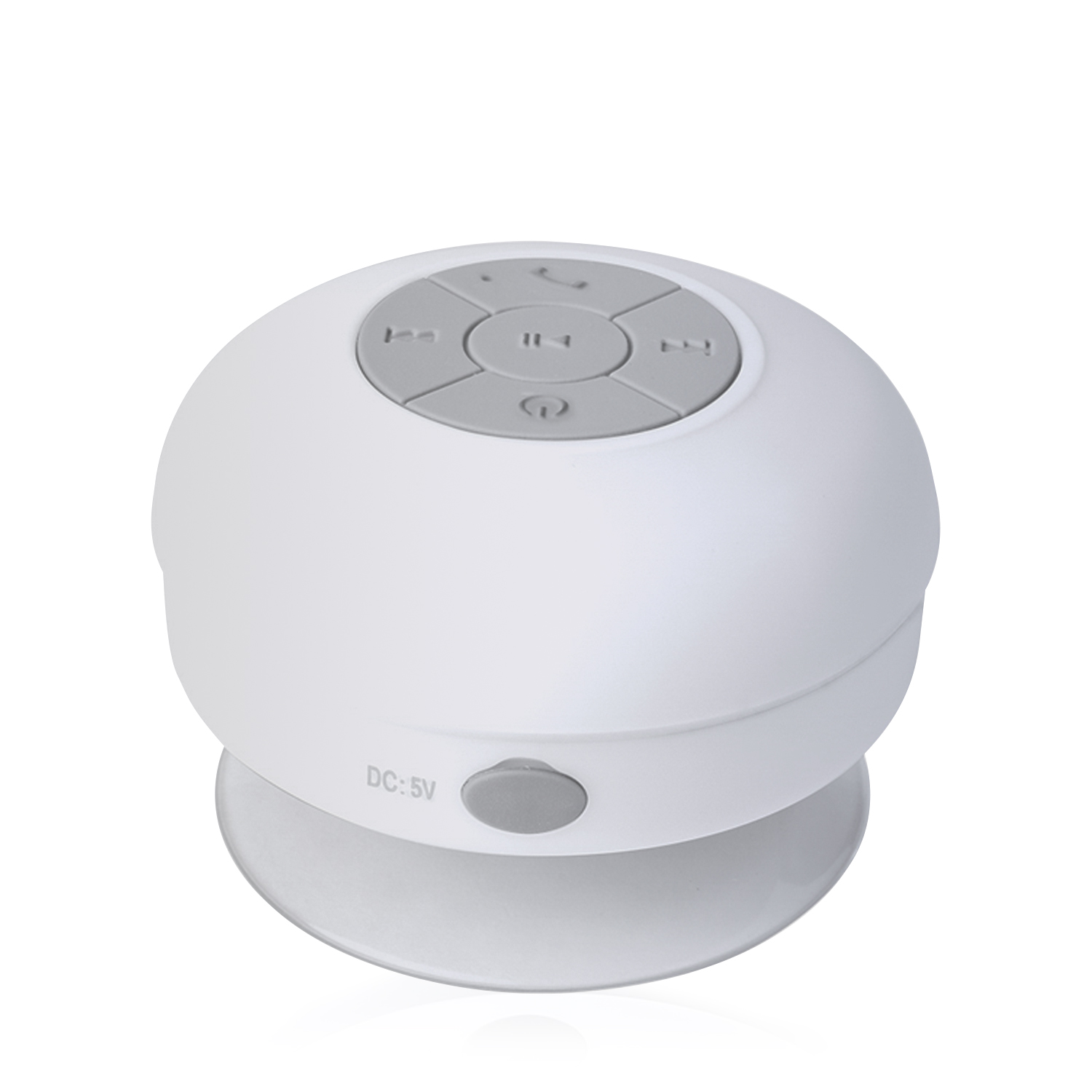 Un altavoz blanco, redondo e impermeable con botones de control.