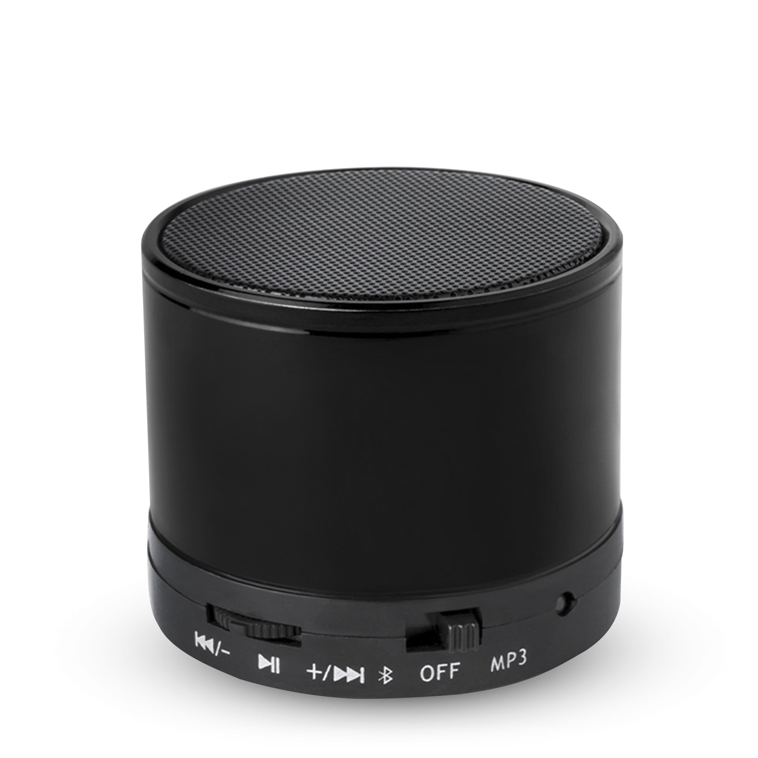Altavoz negro, cilíndrico con botones de control, aislado sobre fondo blanco.