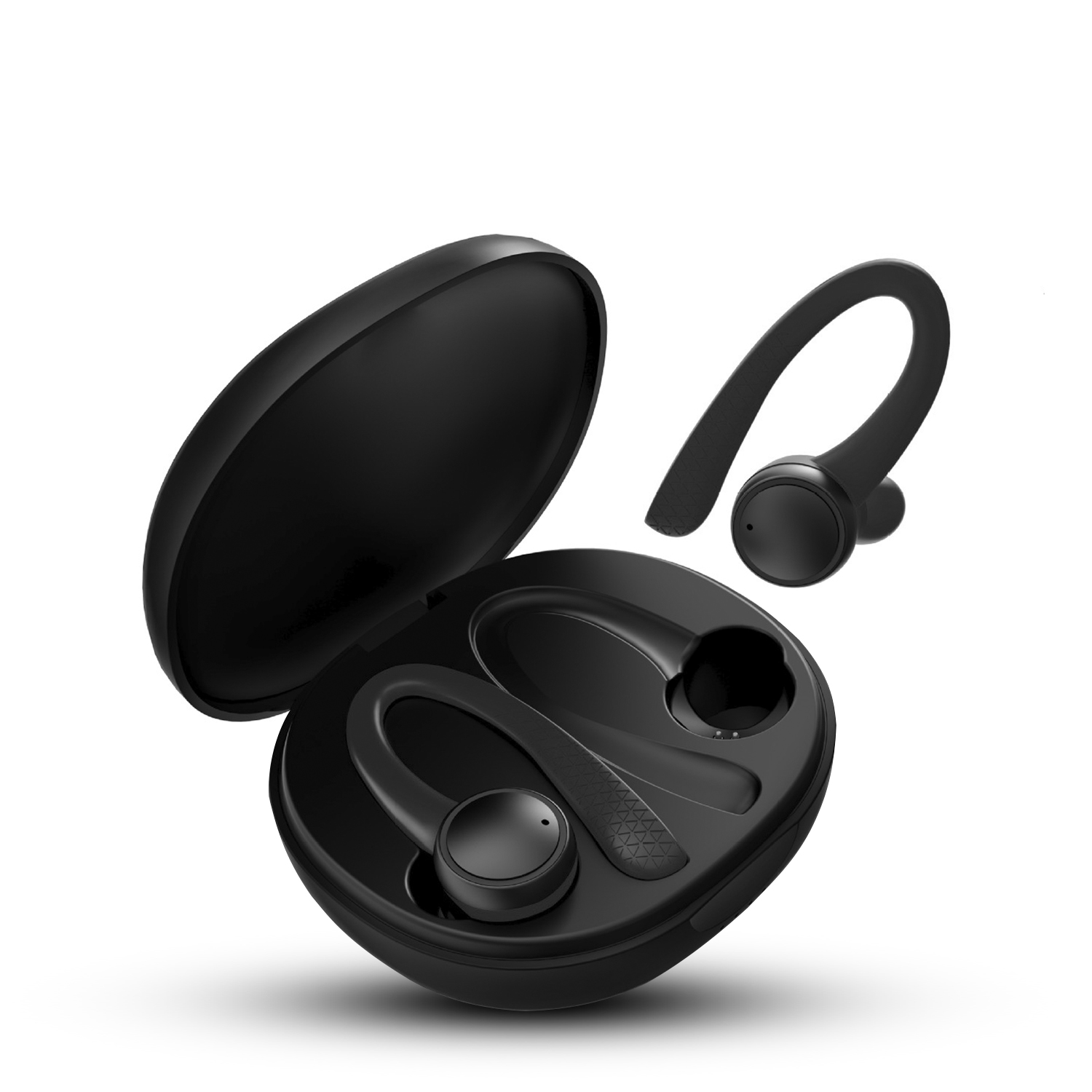 Auricolari wireless neri e custodia di ricarica. Gli auricolari hanno design curvi, su sfondo bianco.