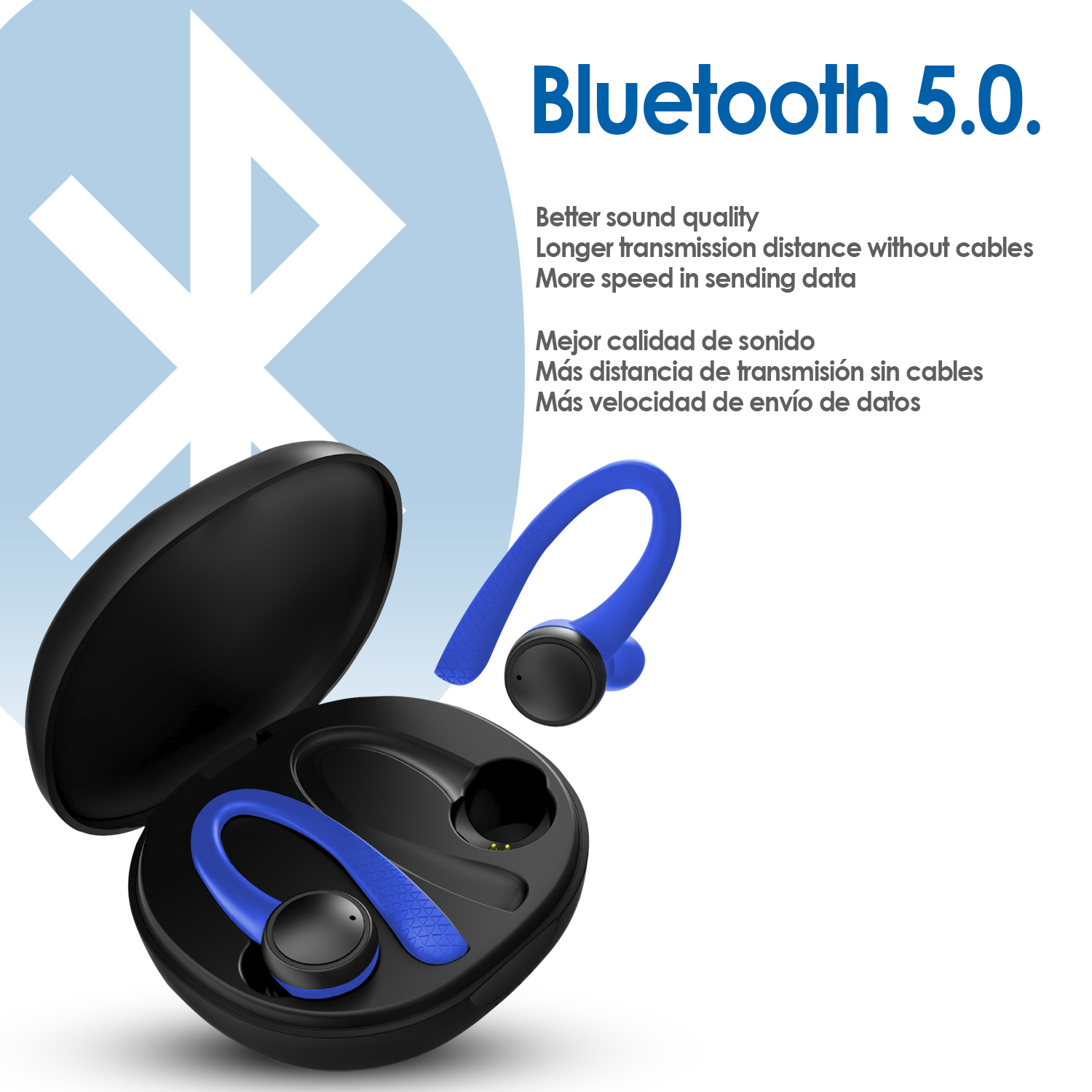 Una custodia per auricolari nera e blu e due auricolari blu. Testo: Bluetooth 5.0. Lo sfondo è bianco.