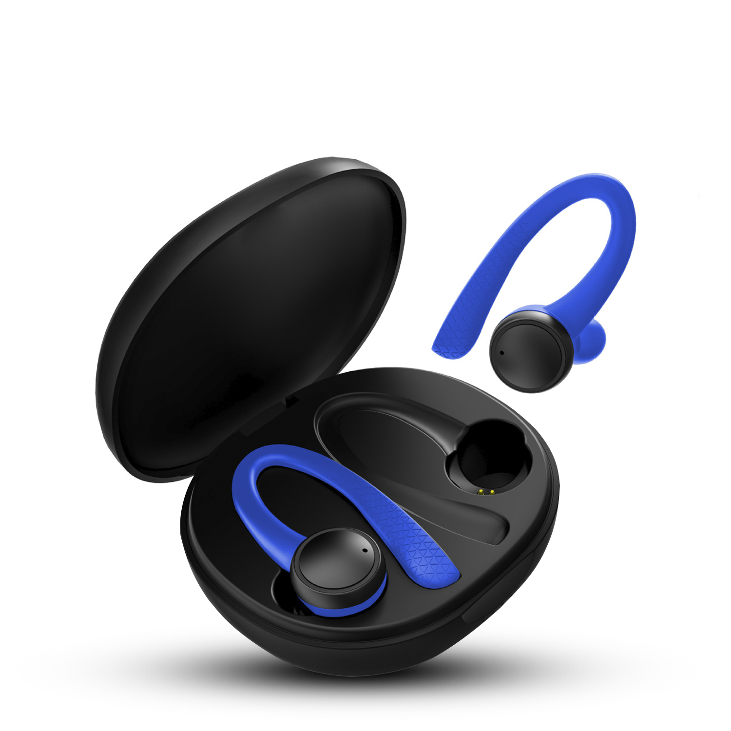 Auricolari wireless blu e neri in una custodia di ricarica nera, su sfondo bianco.